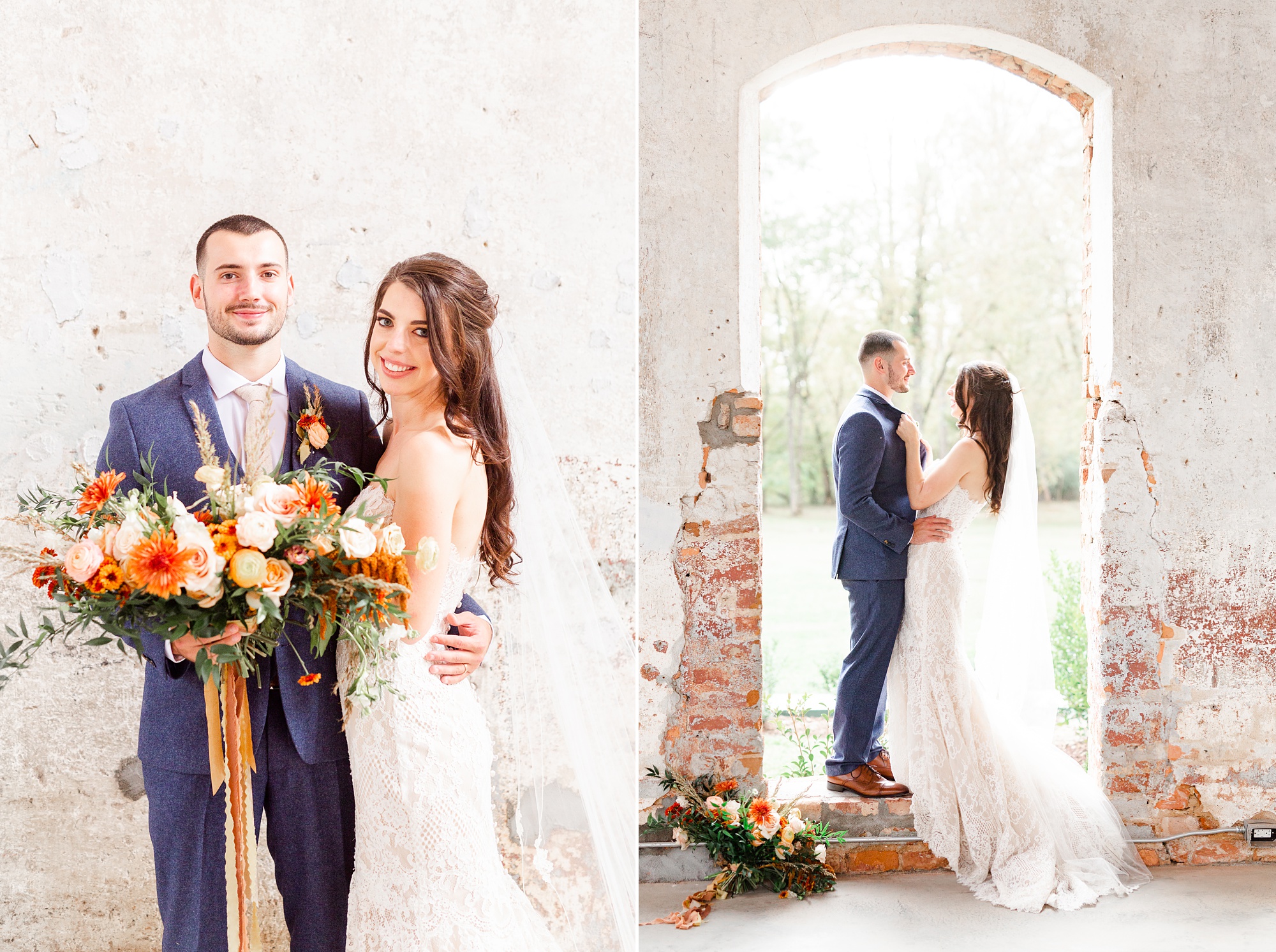wedding portraits in tall brick window at Providence Cotton Mill
