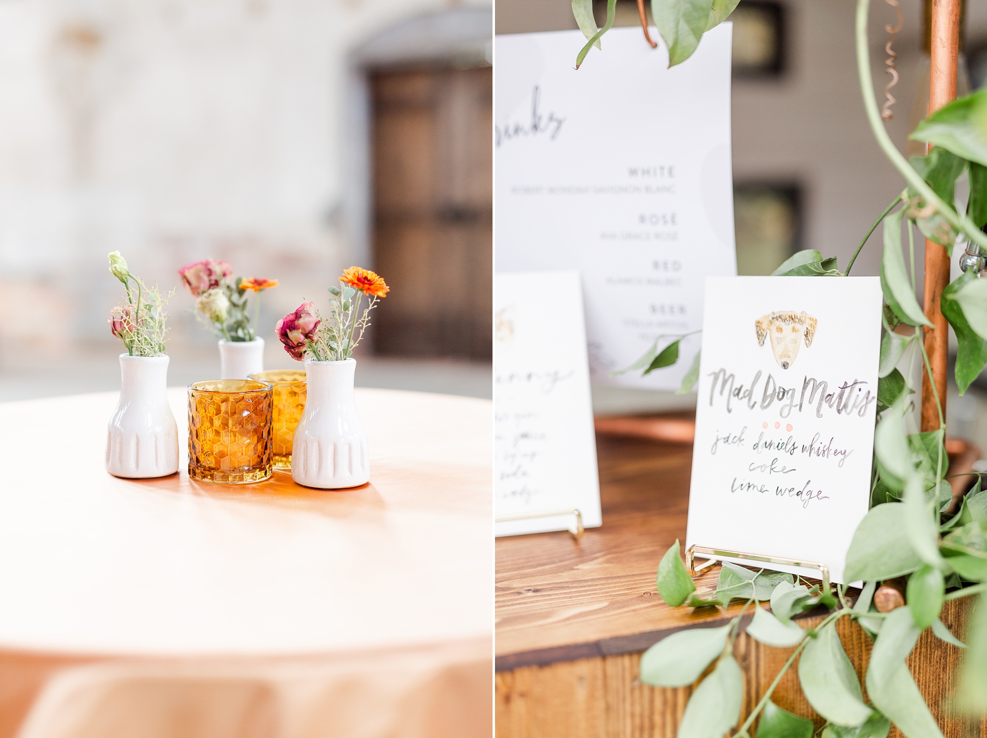 Providence Cotton Mill wedding reception details for cocktail hour