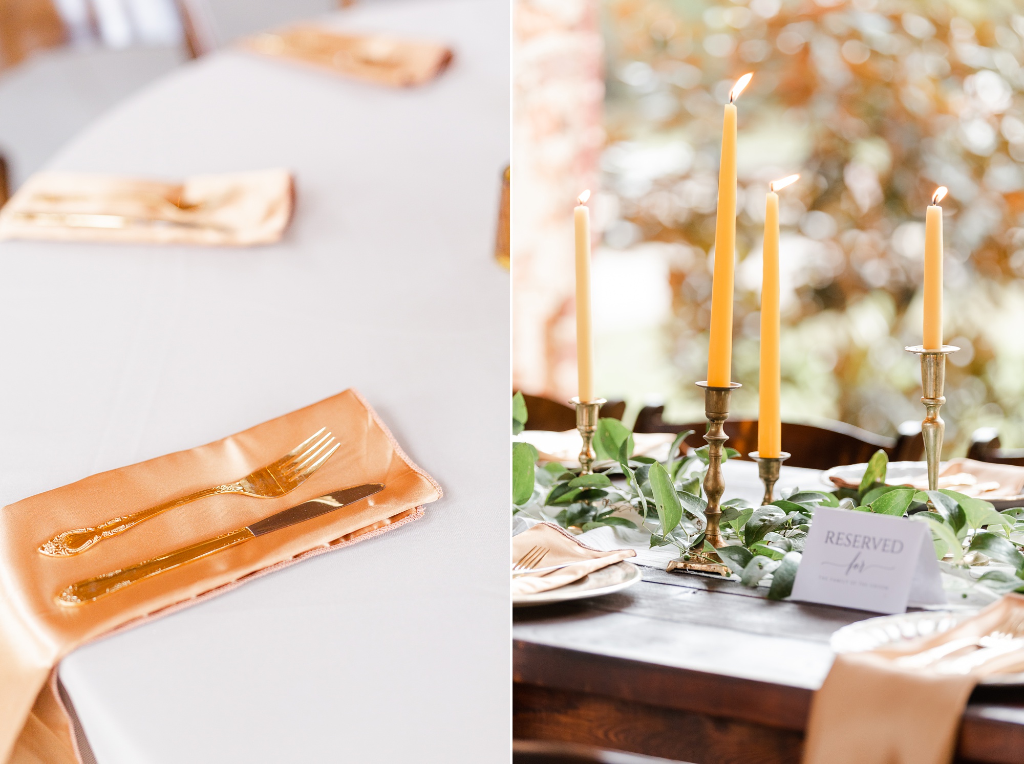 pillar candles on table with gold details for Providence Cotton Mill wedding reception