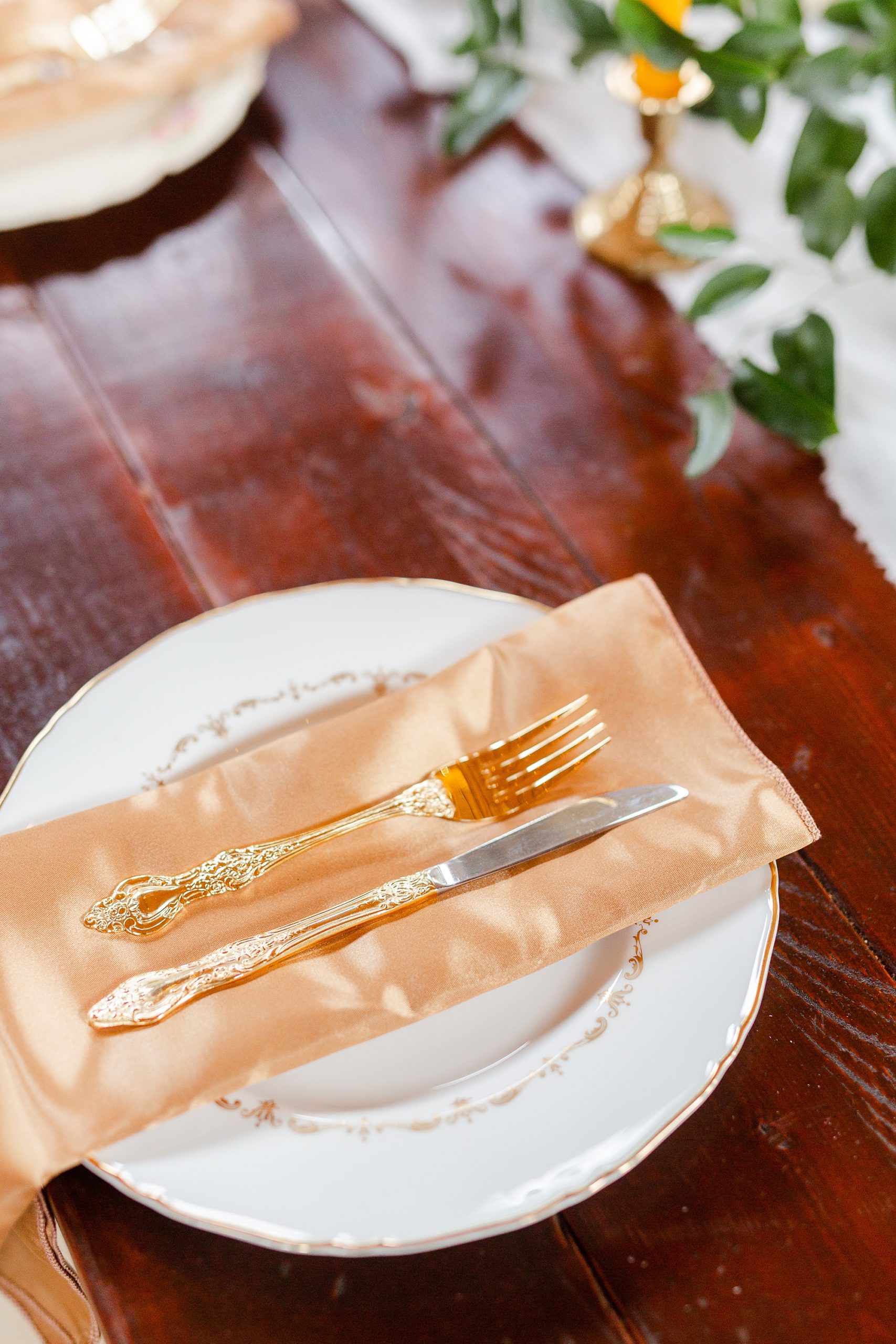 peach and gold place settings for Providence Cotton Mill wedding reception