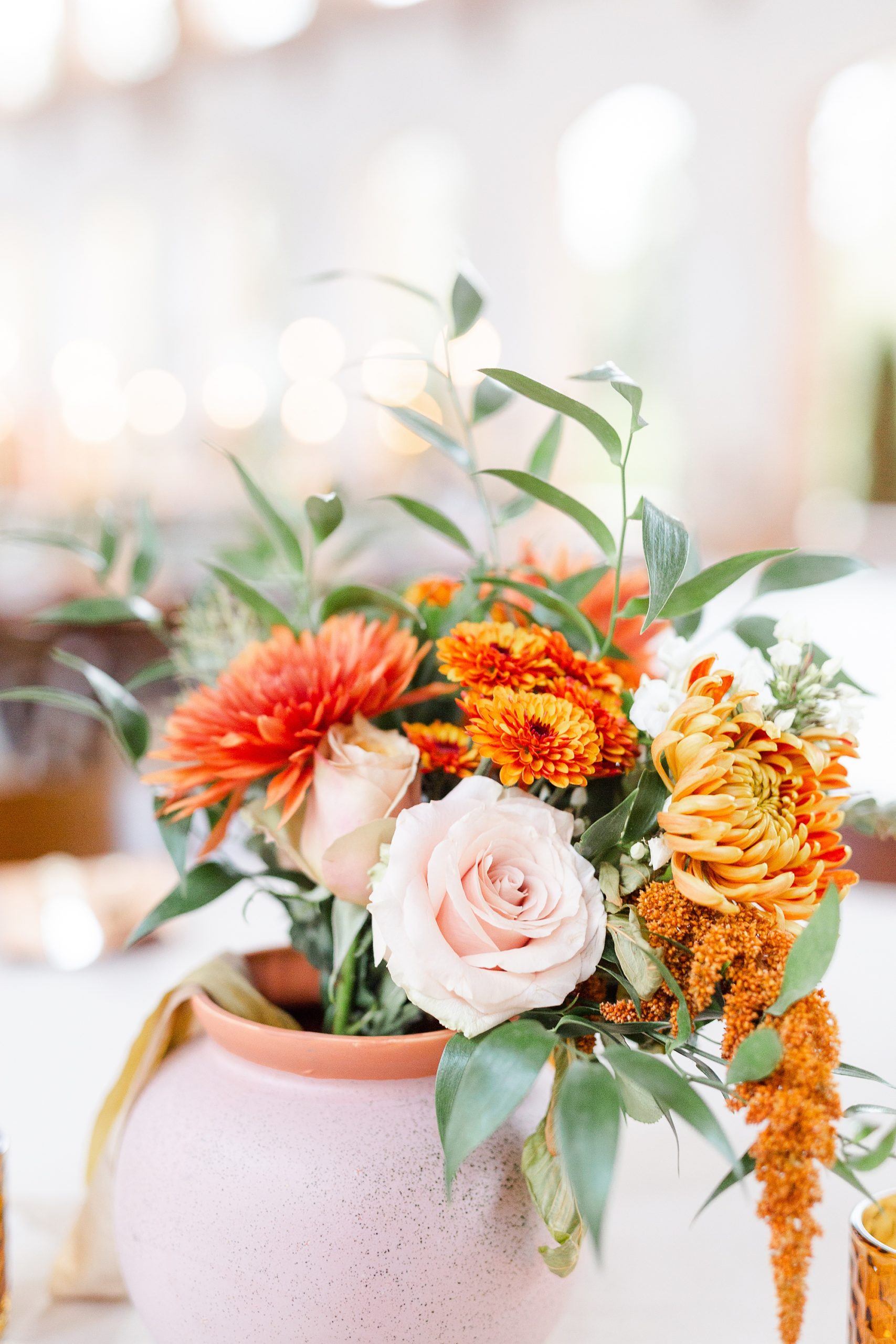 burnt orange floral centerpieces for fall Providence Cotton Mill wedding reception