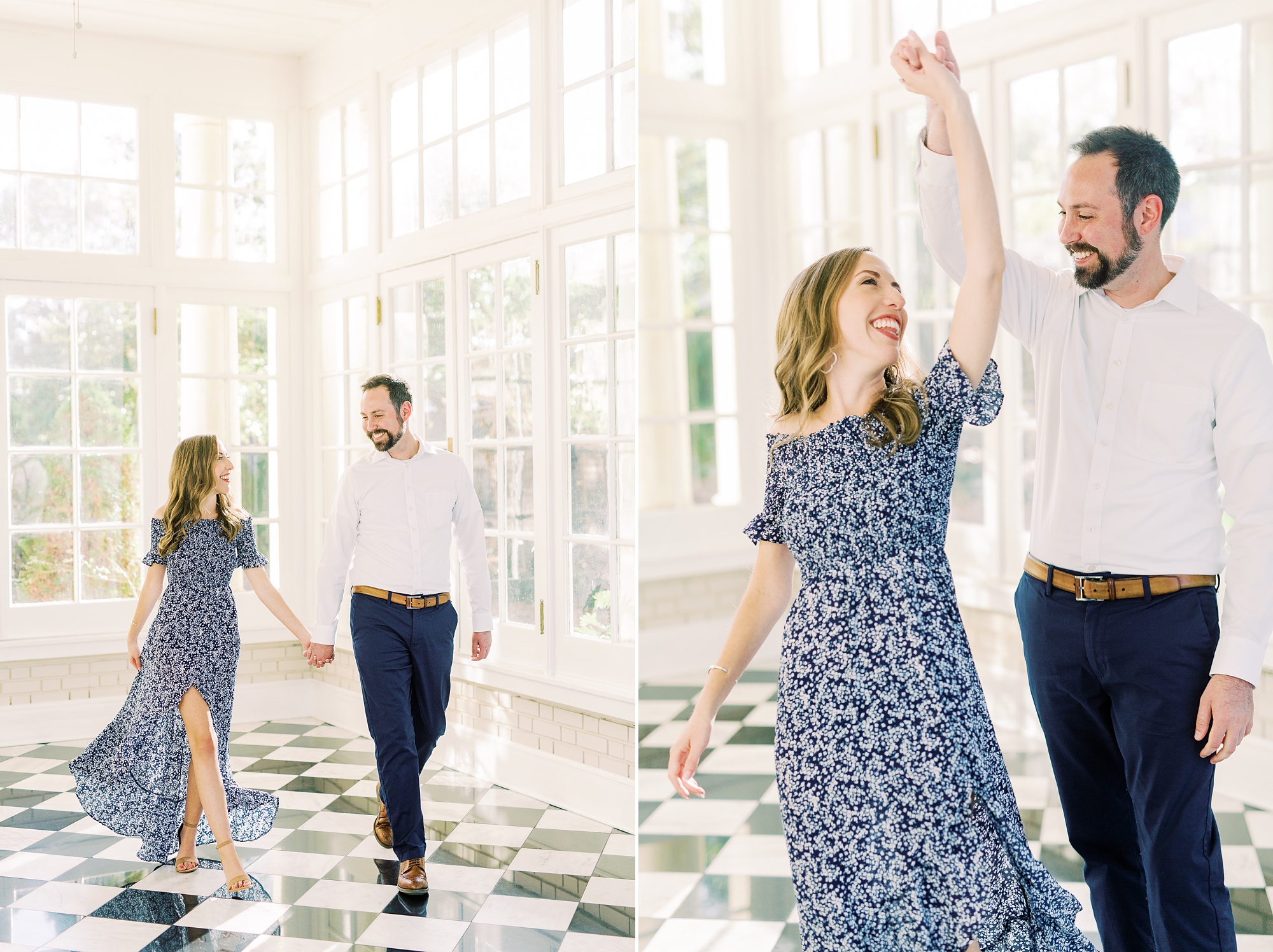 groom twirls bride during Separk Mansion engagement session