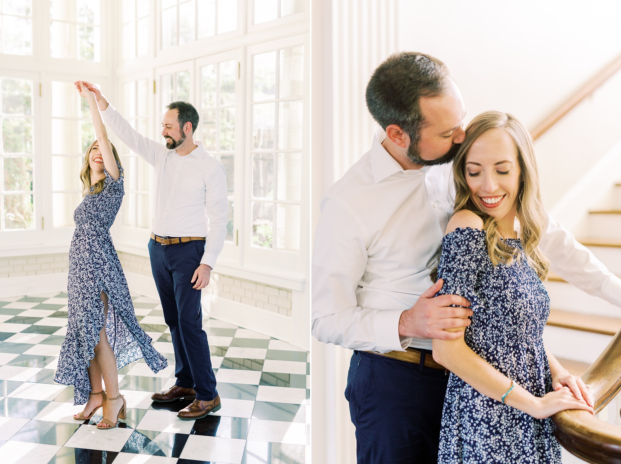 groom kisses bride's forehead by staircase in Separk Mansion
