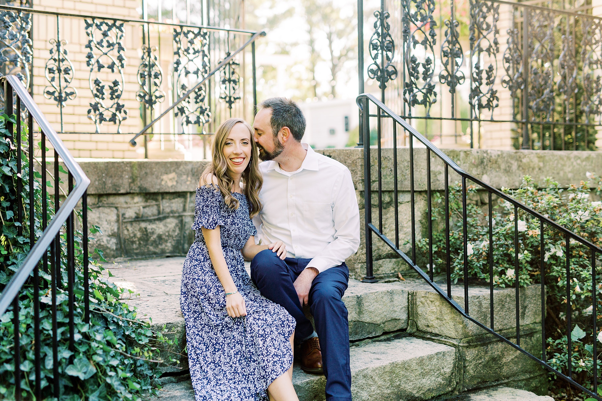 groom nuzzles bride's forehead during Gastonia NC engagement session