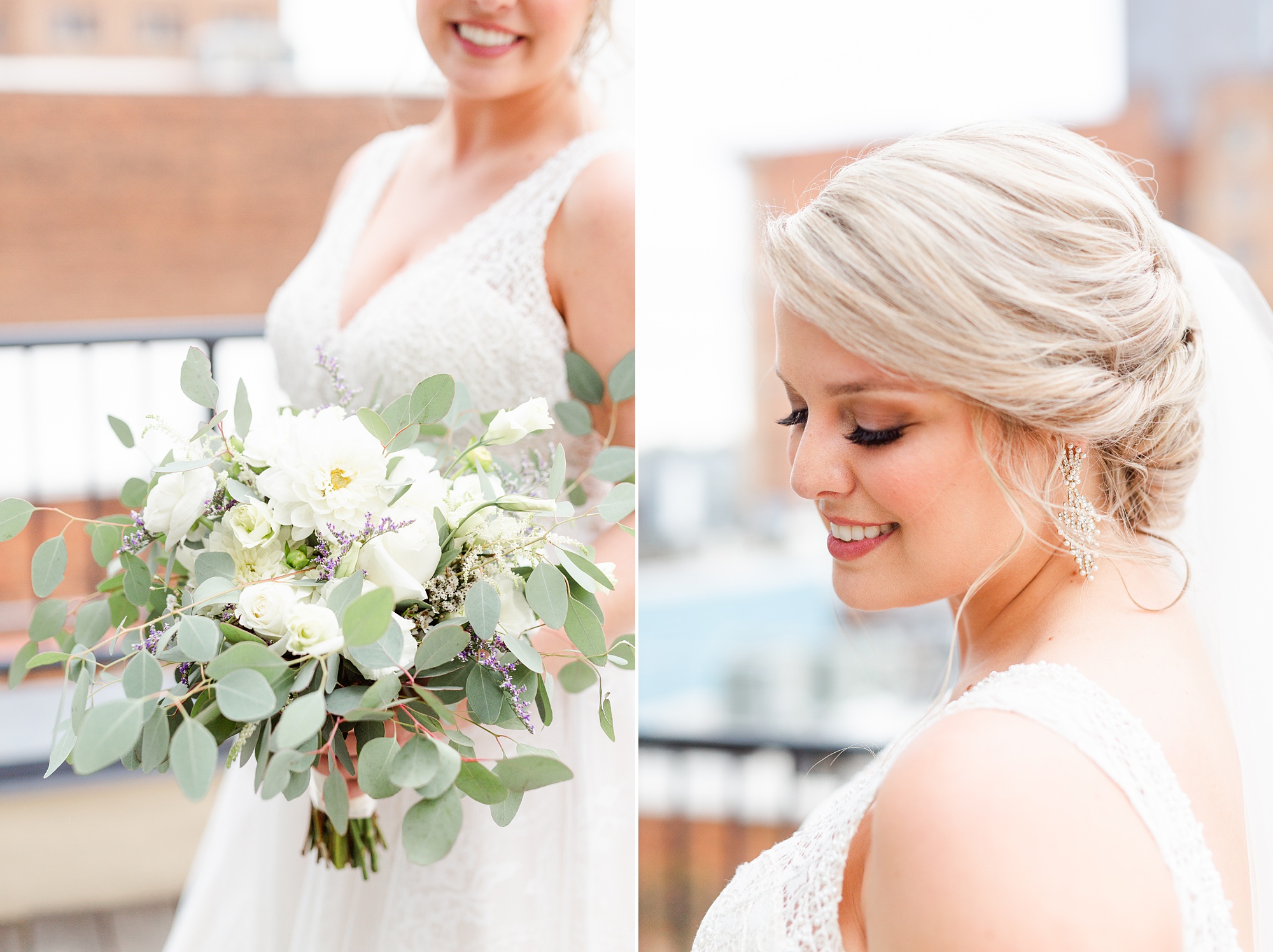 bride with classic style poses on Raleigh NC rooftop