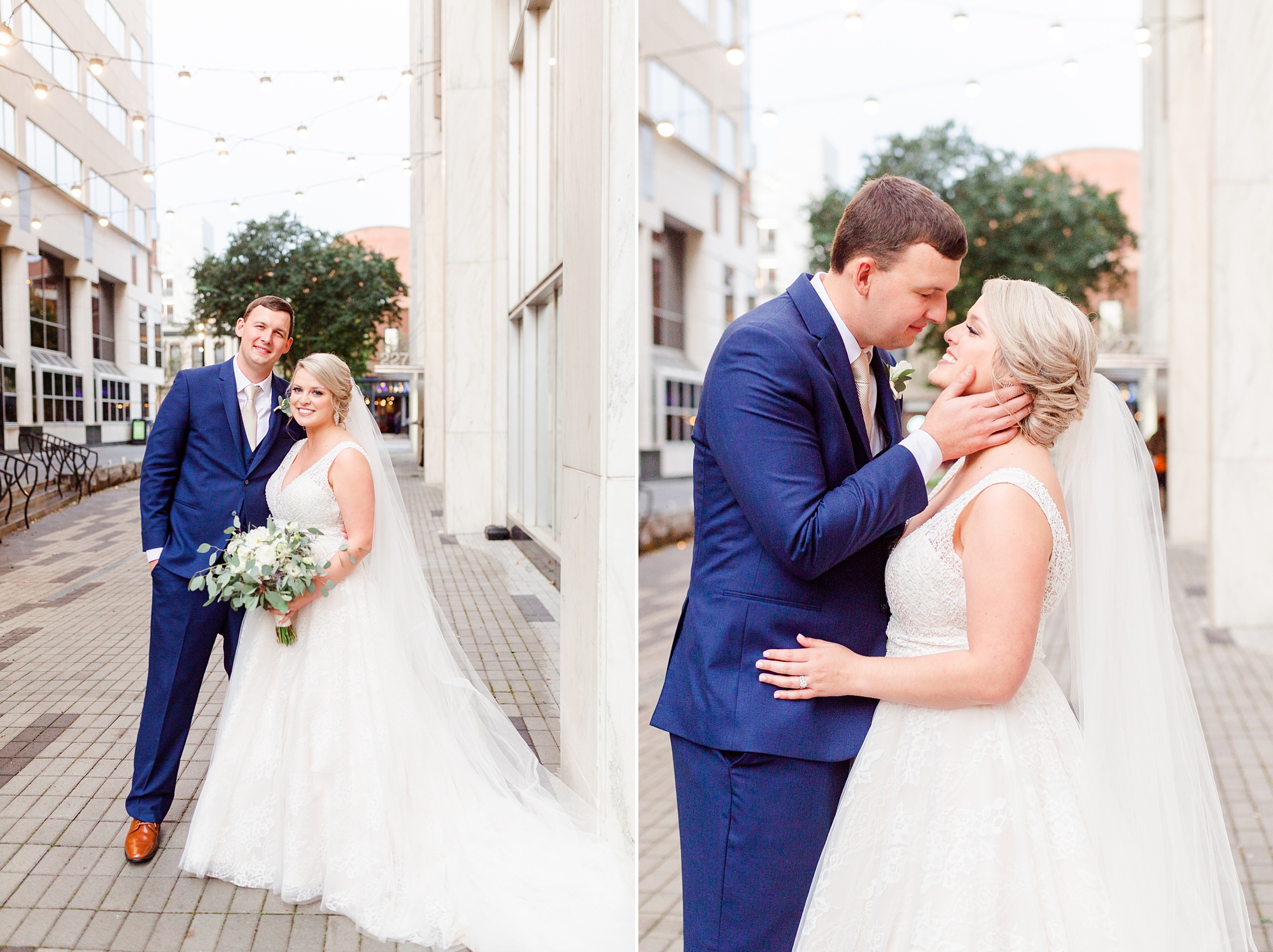 bride and groom pose in downtown Raleigh NC