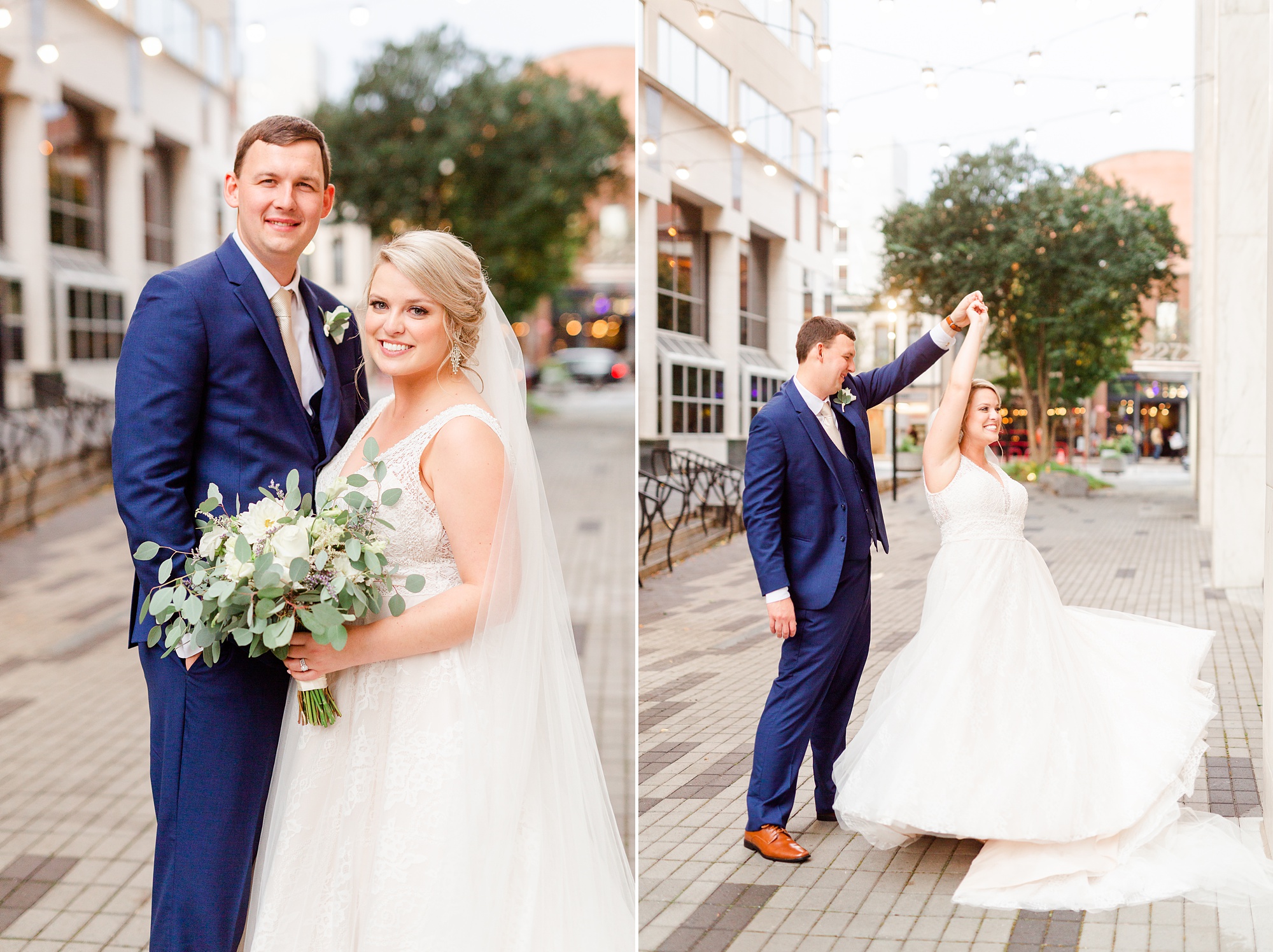 groom twirls bride during NC wedding photos
