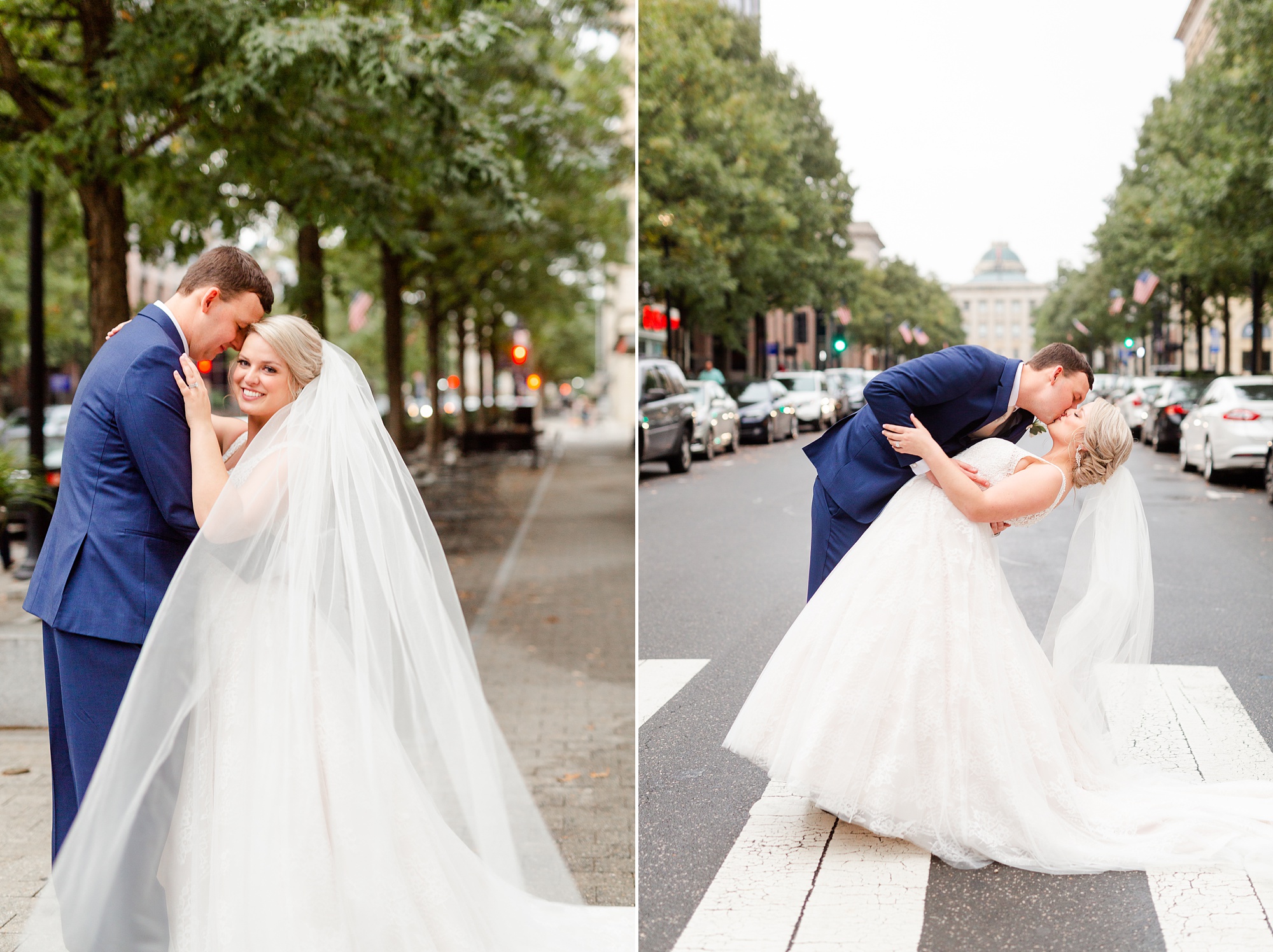 groom kisses bride in street of Raleigh NC