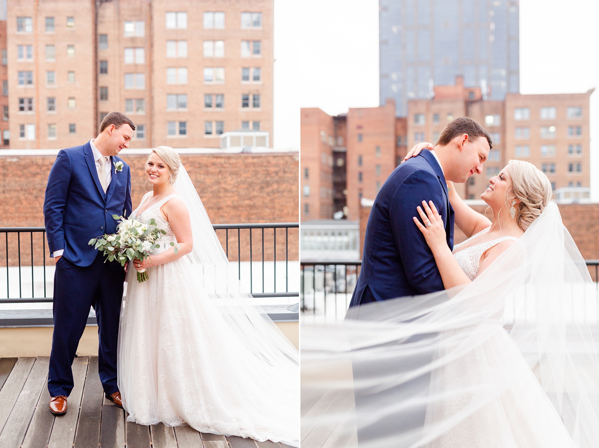 bride and groom portraits with veil on rooftop at the Stockroom at 230