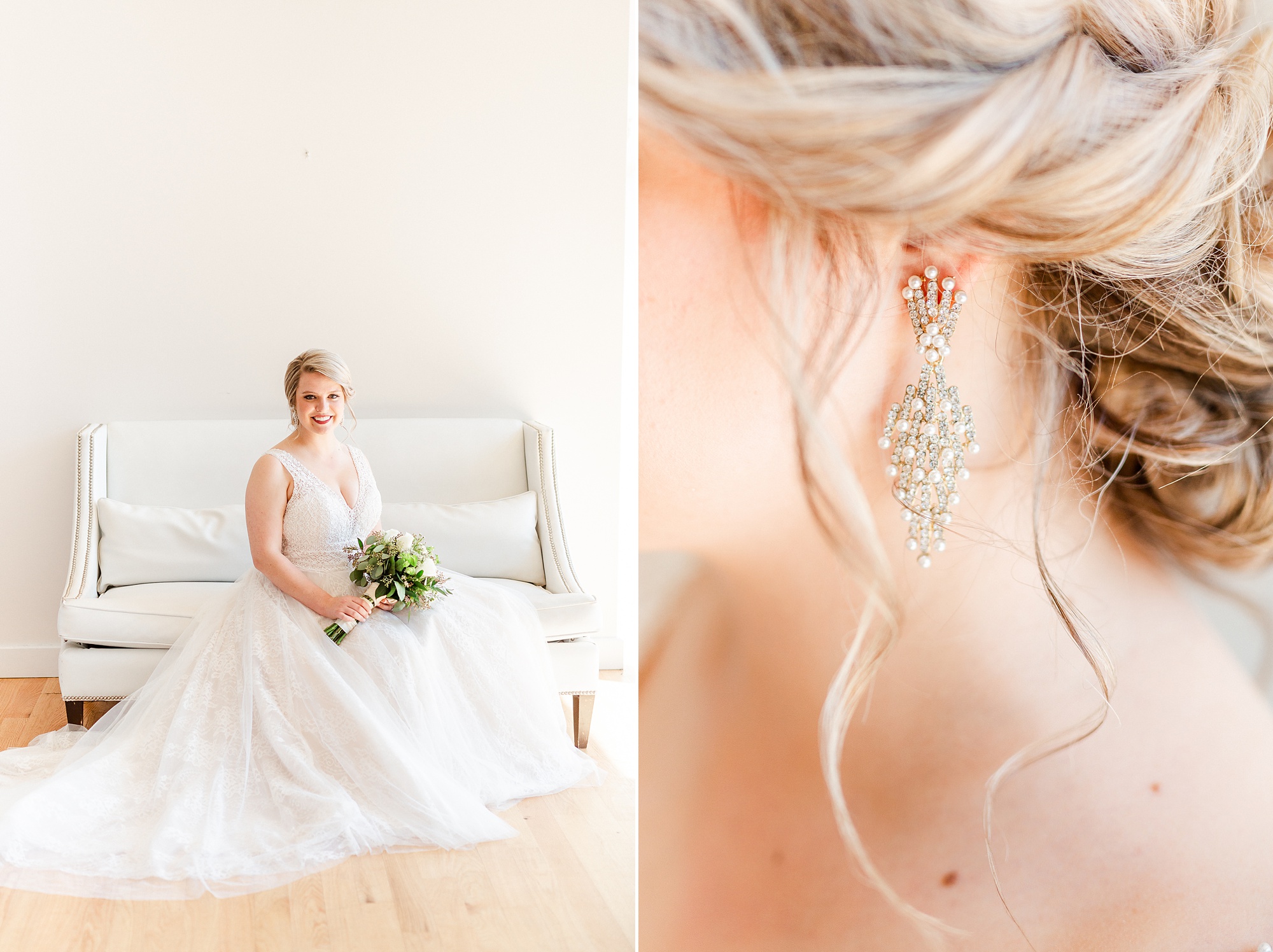 bride poses on couch during The Glass Box bridal session