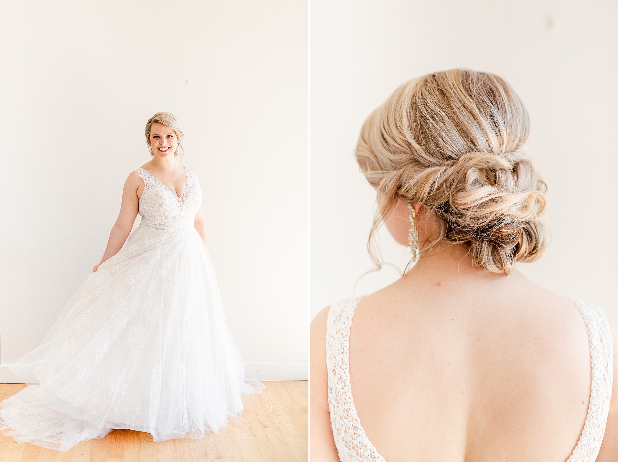 bride poses in wedding gown during Raleigh NC photos