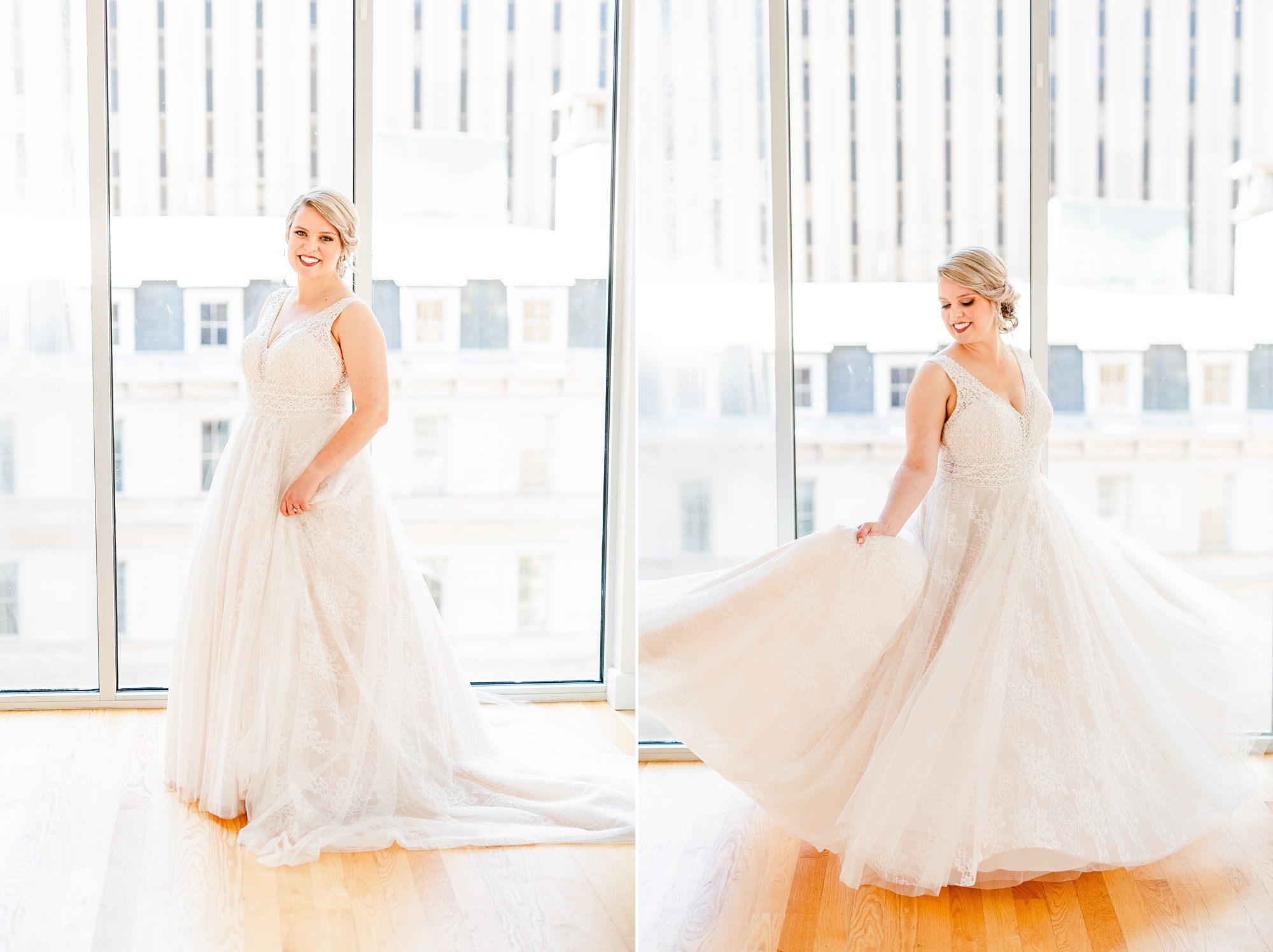 bride twirls wedding gown in front of wedding overlooking Raleigh NC