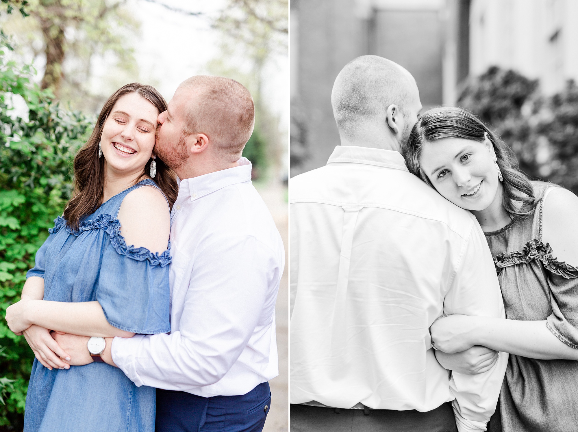groom kisses side of bride's head in Downtown Davidson