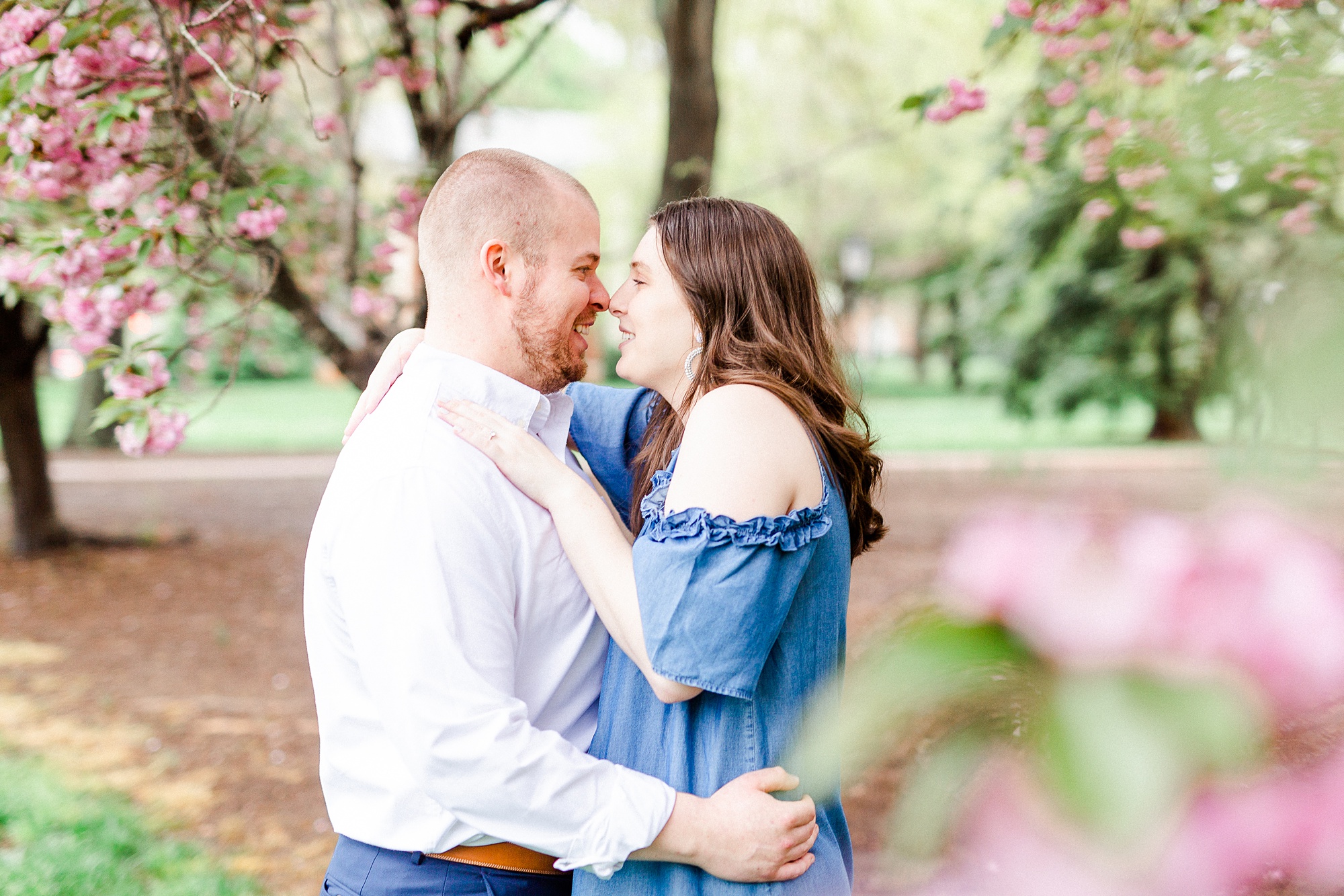 springtime engagement photos in Downtown Davidson