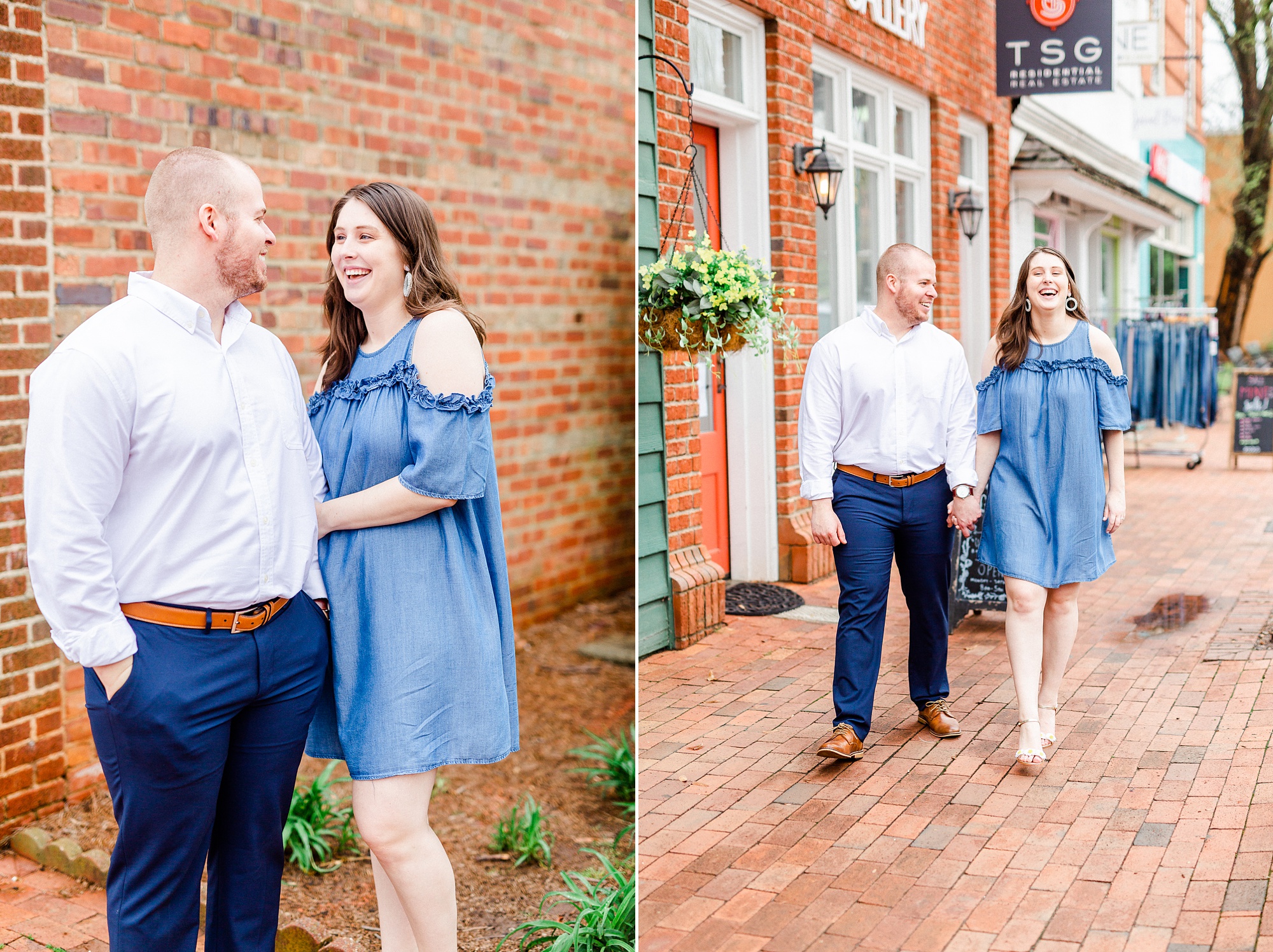 bride and groom walk along sidewalk in Downtown Davidson