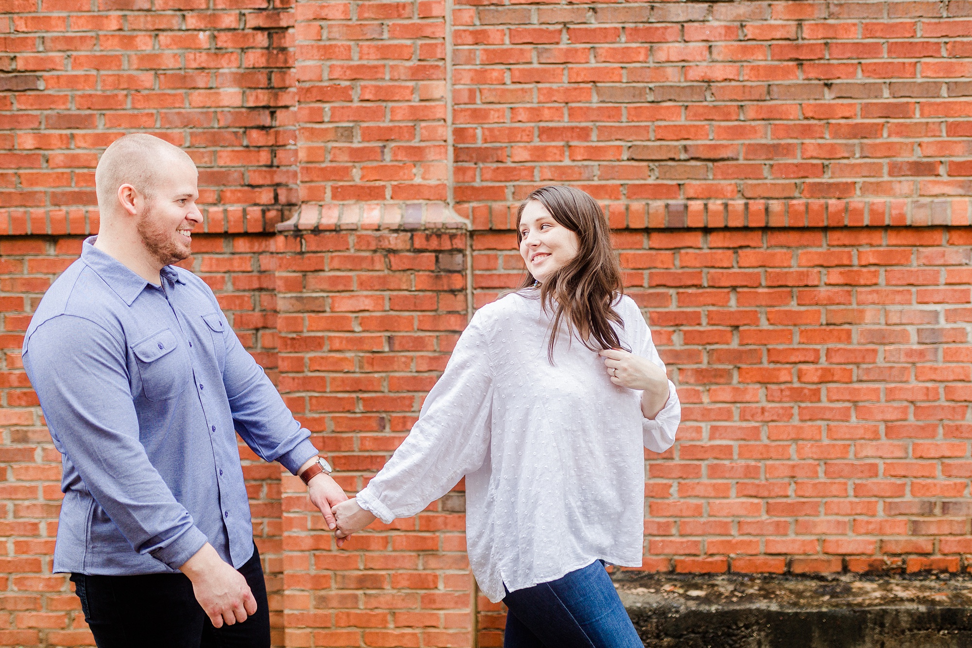 casual springtime Downtown Davidson NC engagement photos