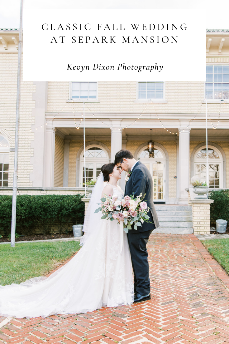 Fall bride and groom cut wedding cake at Separk Mansion wedding