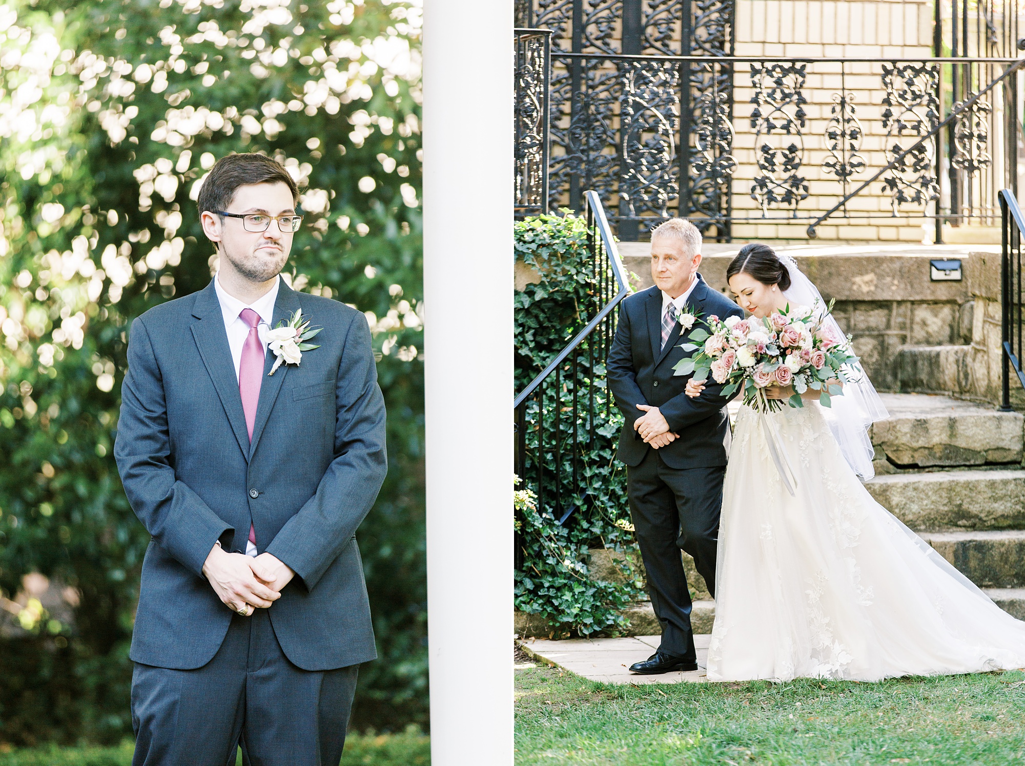 groom watches bride walk down aisle at Separk Mansion