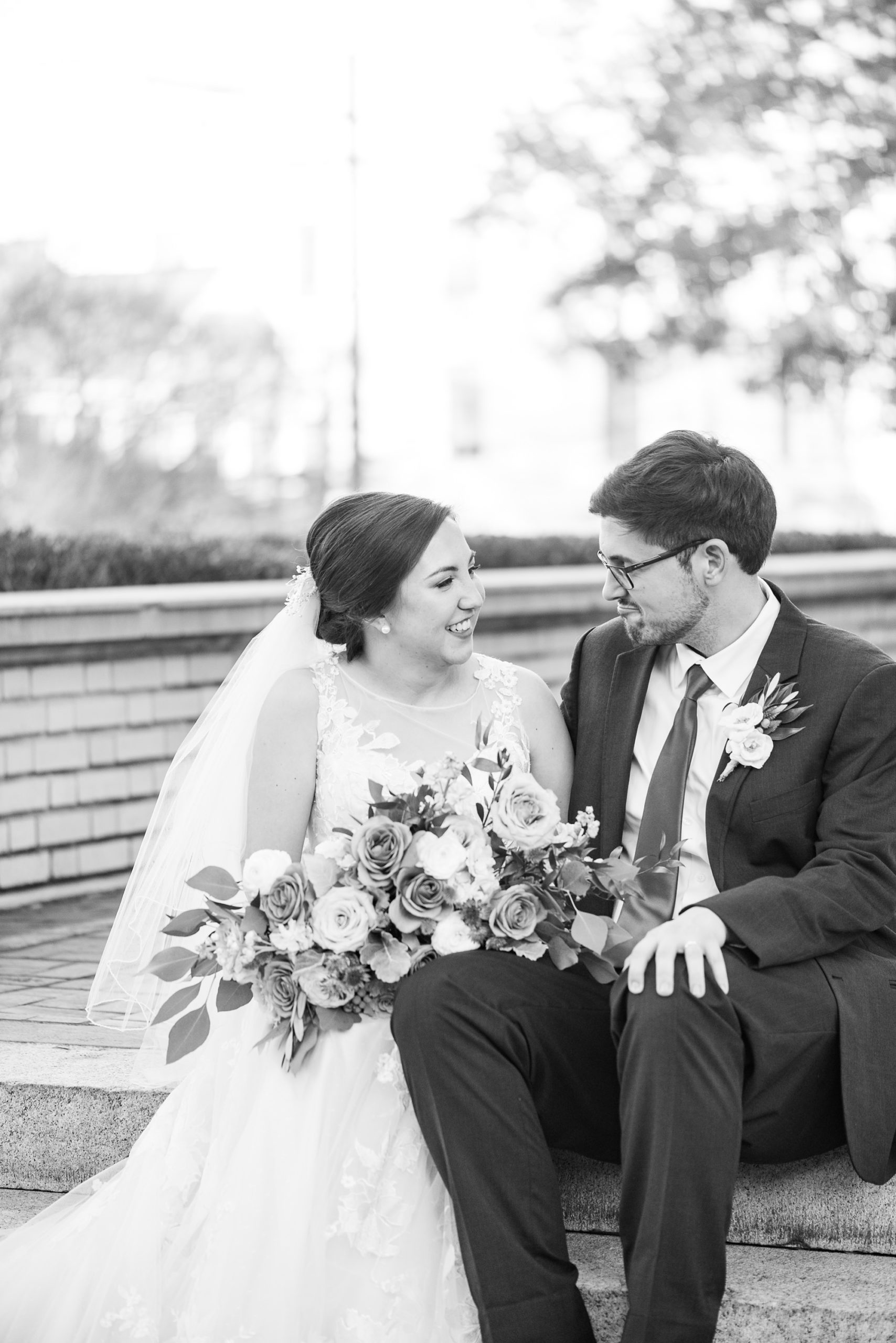 mauve fall wedding portraits on steps at Separk Mansion