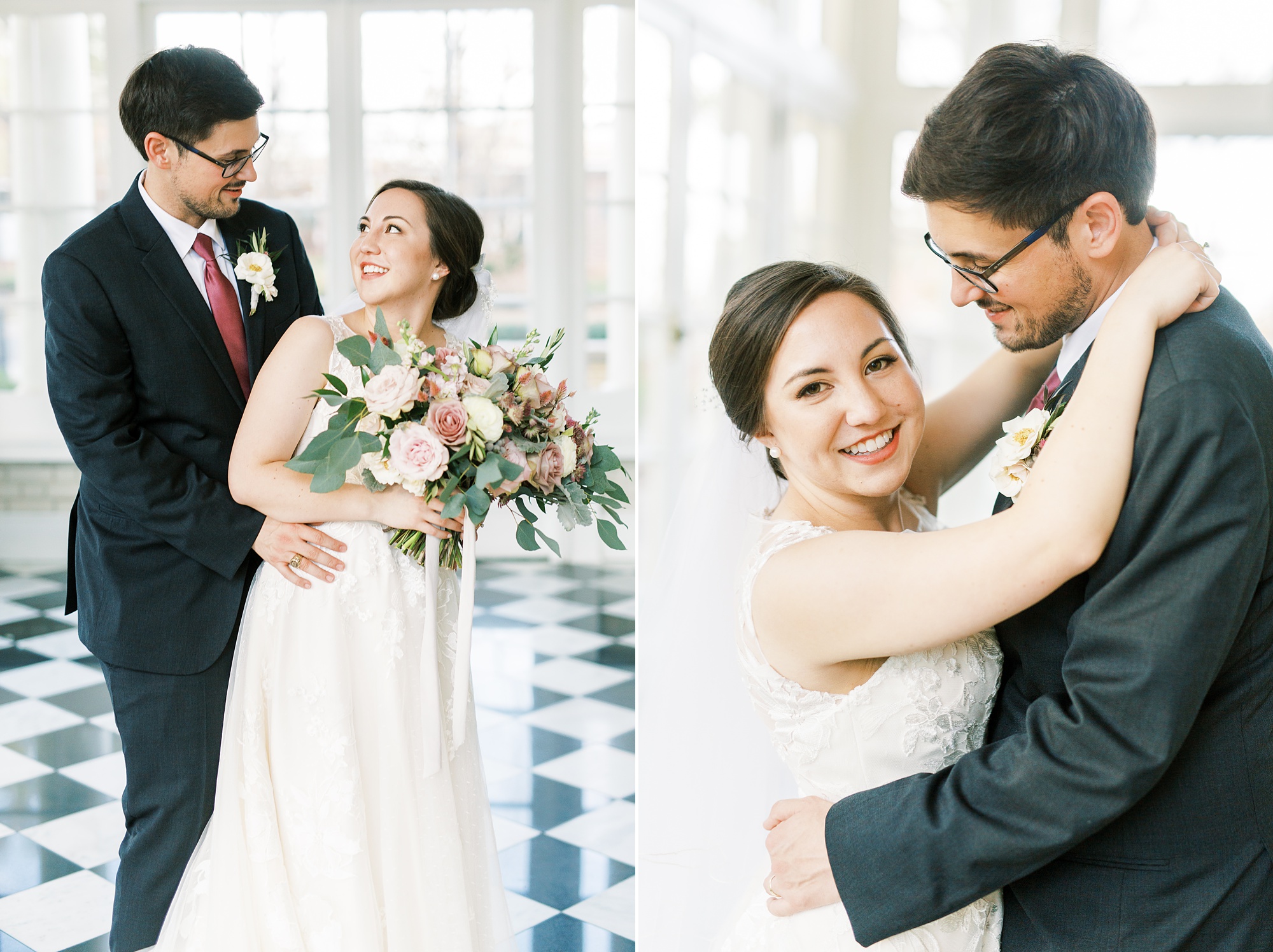bride and groom pose on checkered floor at Separk Mansion