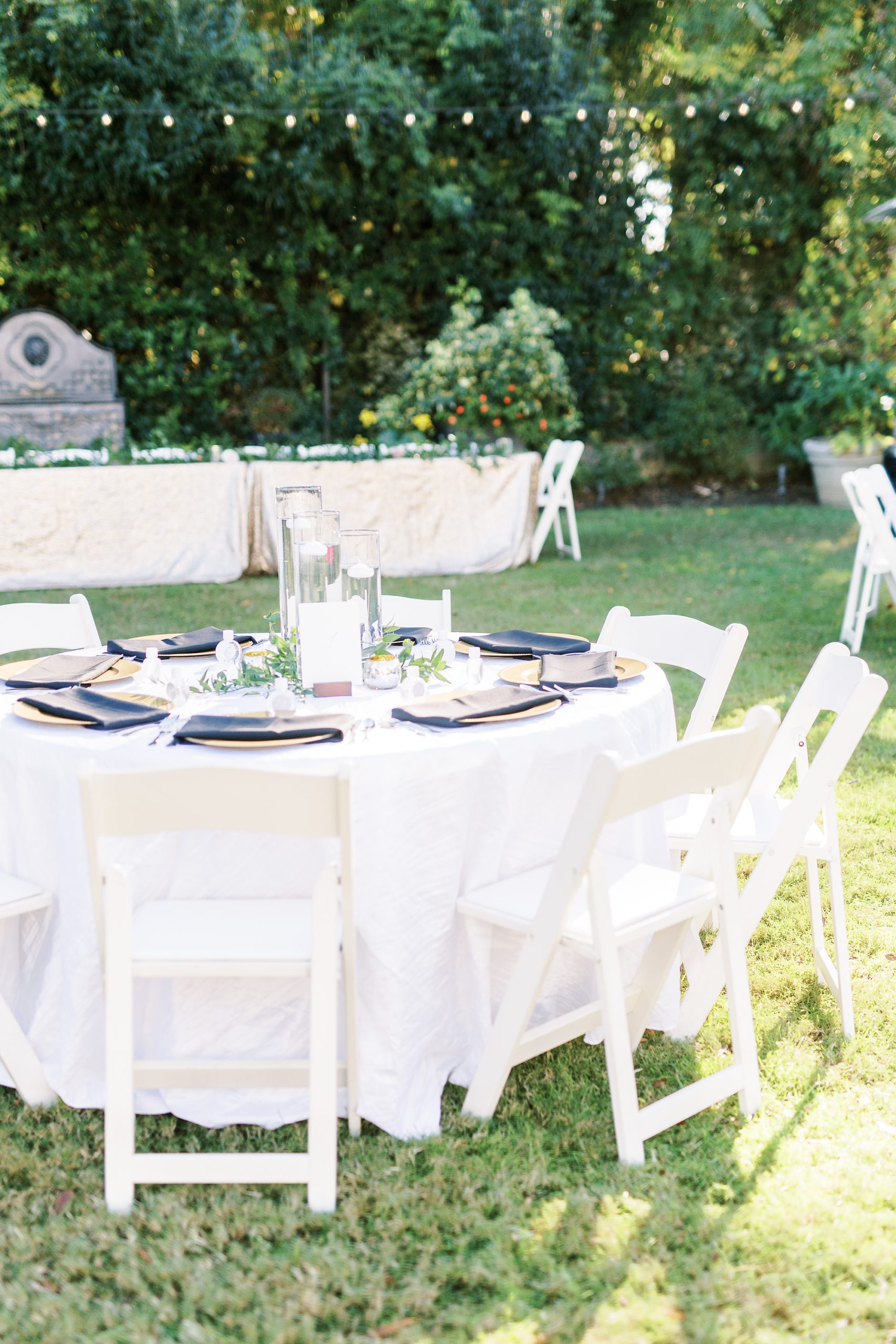 mauve fall wedding reception in gardens