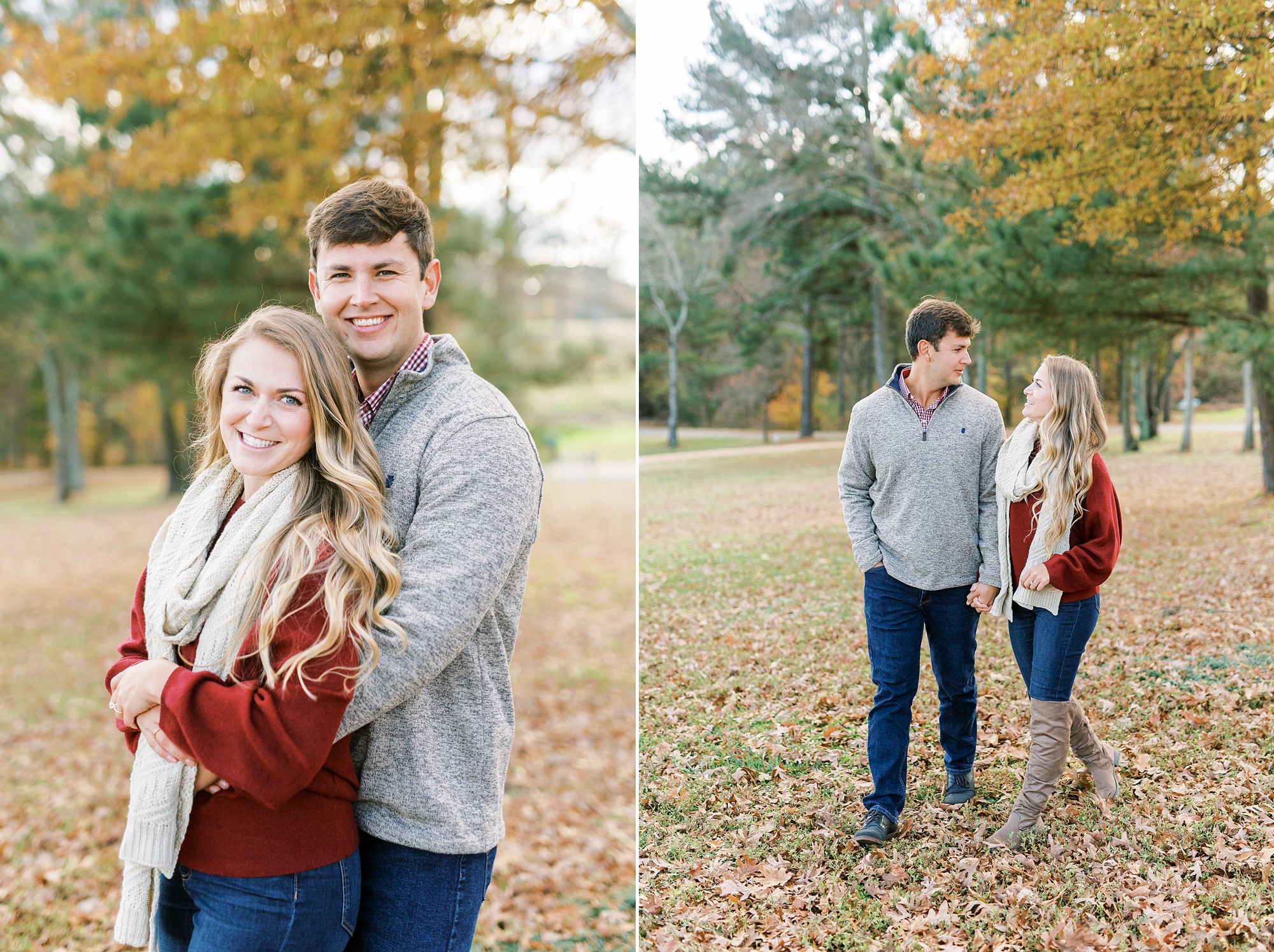 bride and groom pose among fallen leaves in Raleigh NC