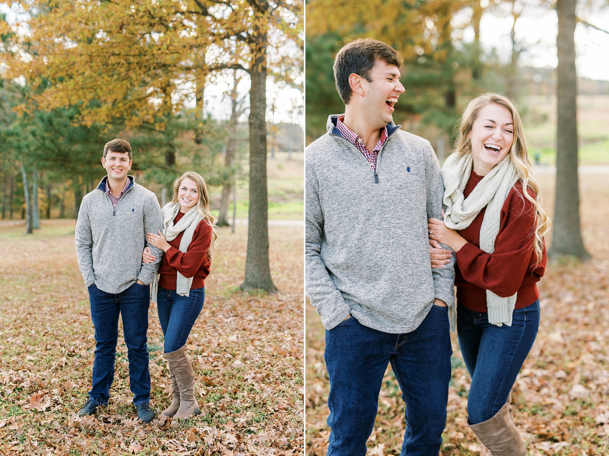 engaged couple laughs during fall portraits outside NC Museum of Art