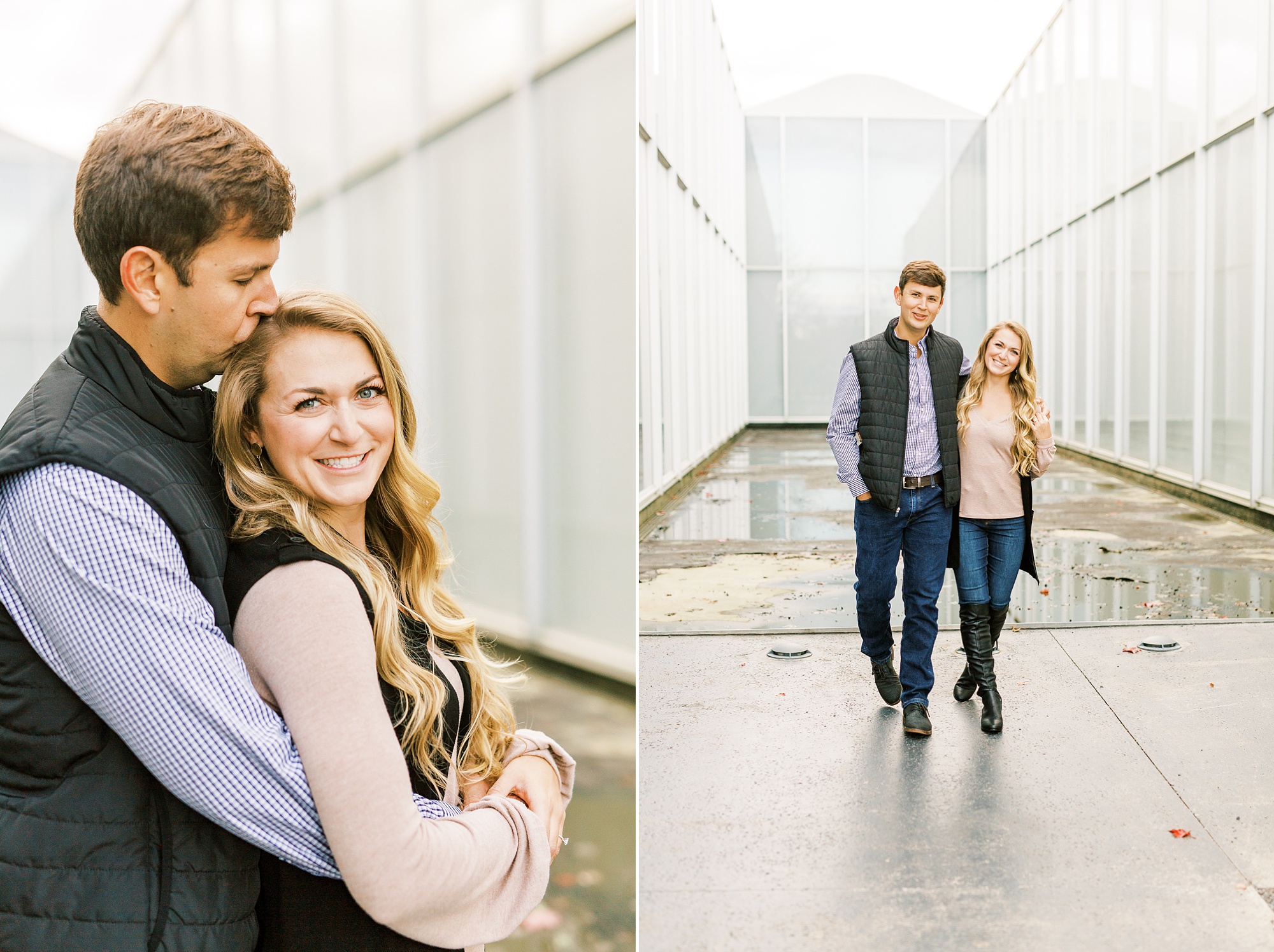 engaged couple walks through NC Museum of Art