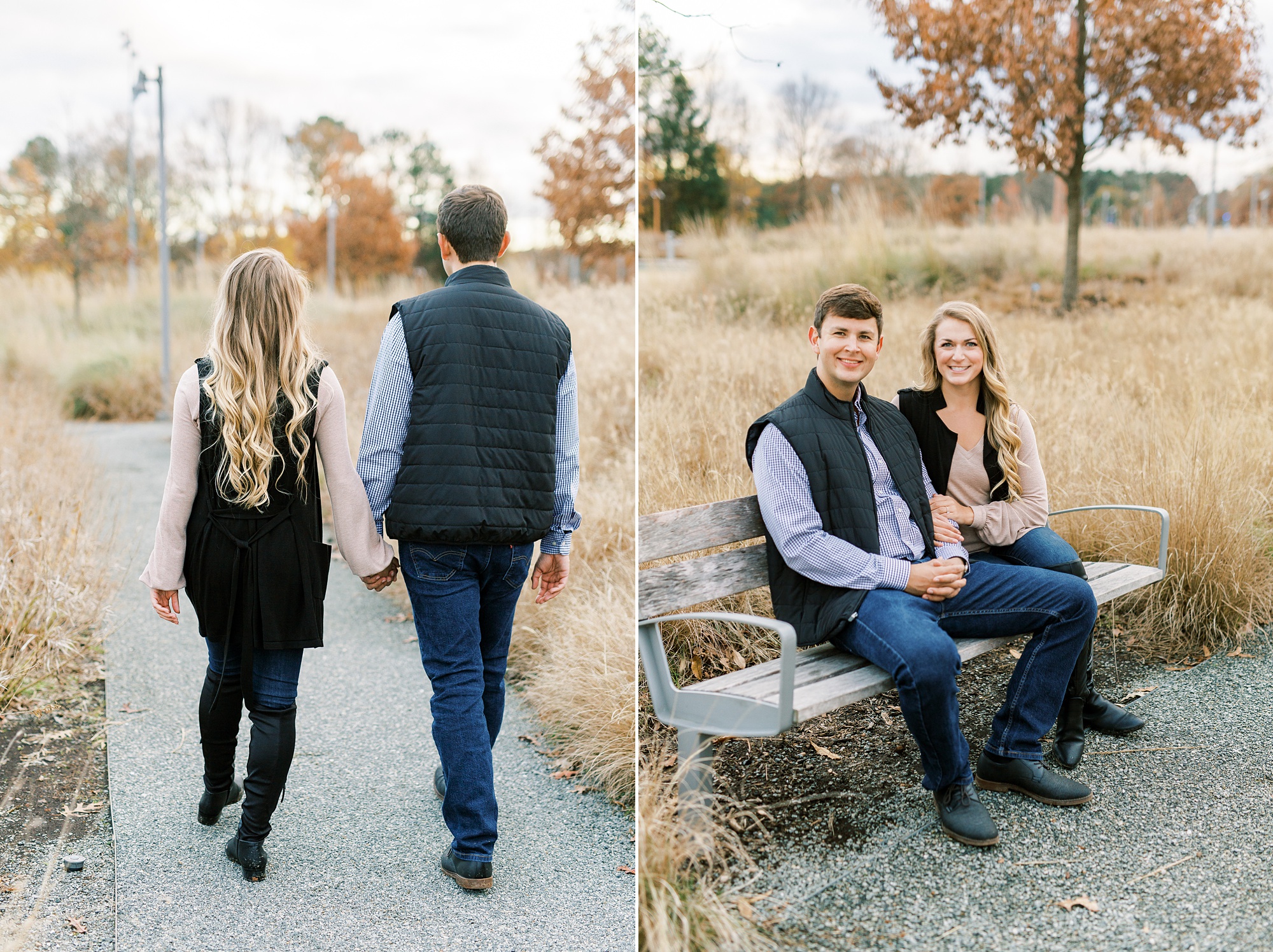 engaged couple walks on path in Raleigh NC