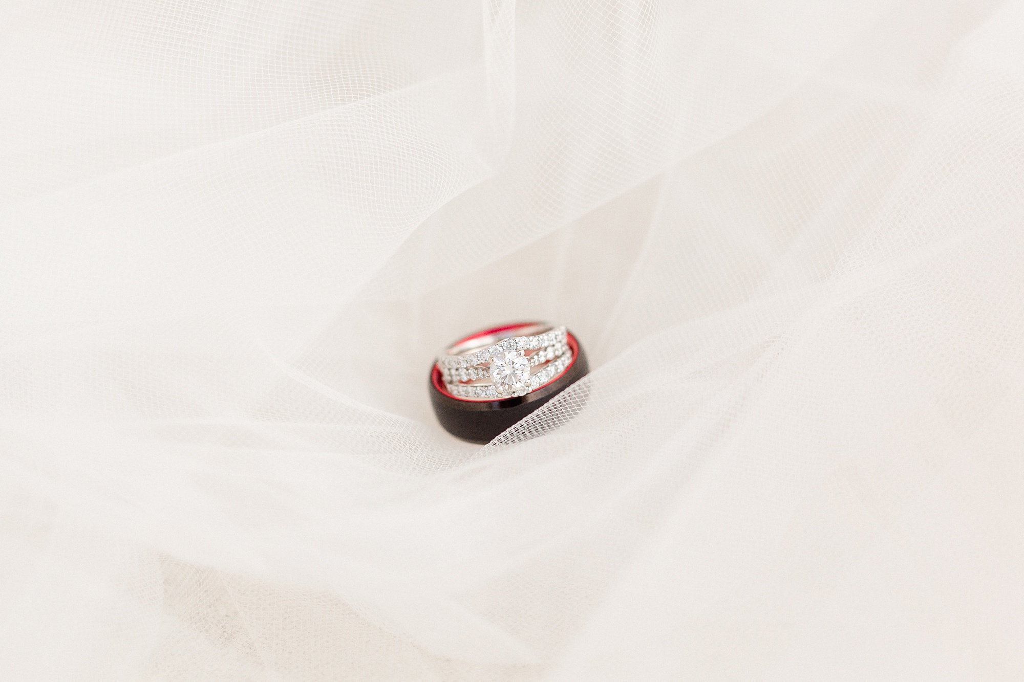 wedding rings rest on veil