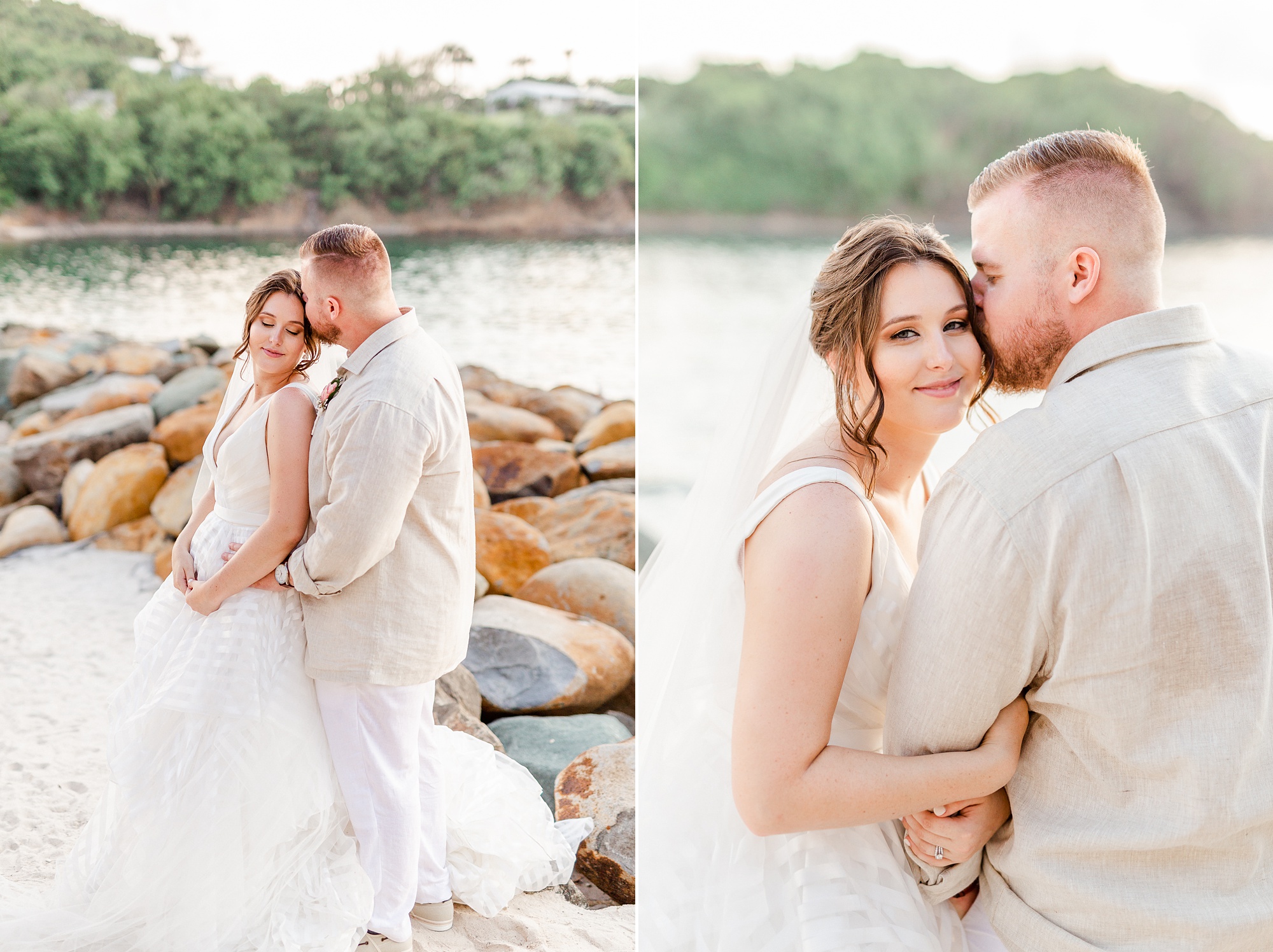 groom kisses bride's cheek during beach wedding photos