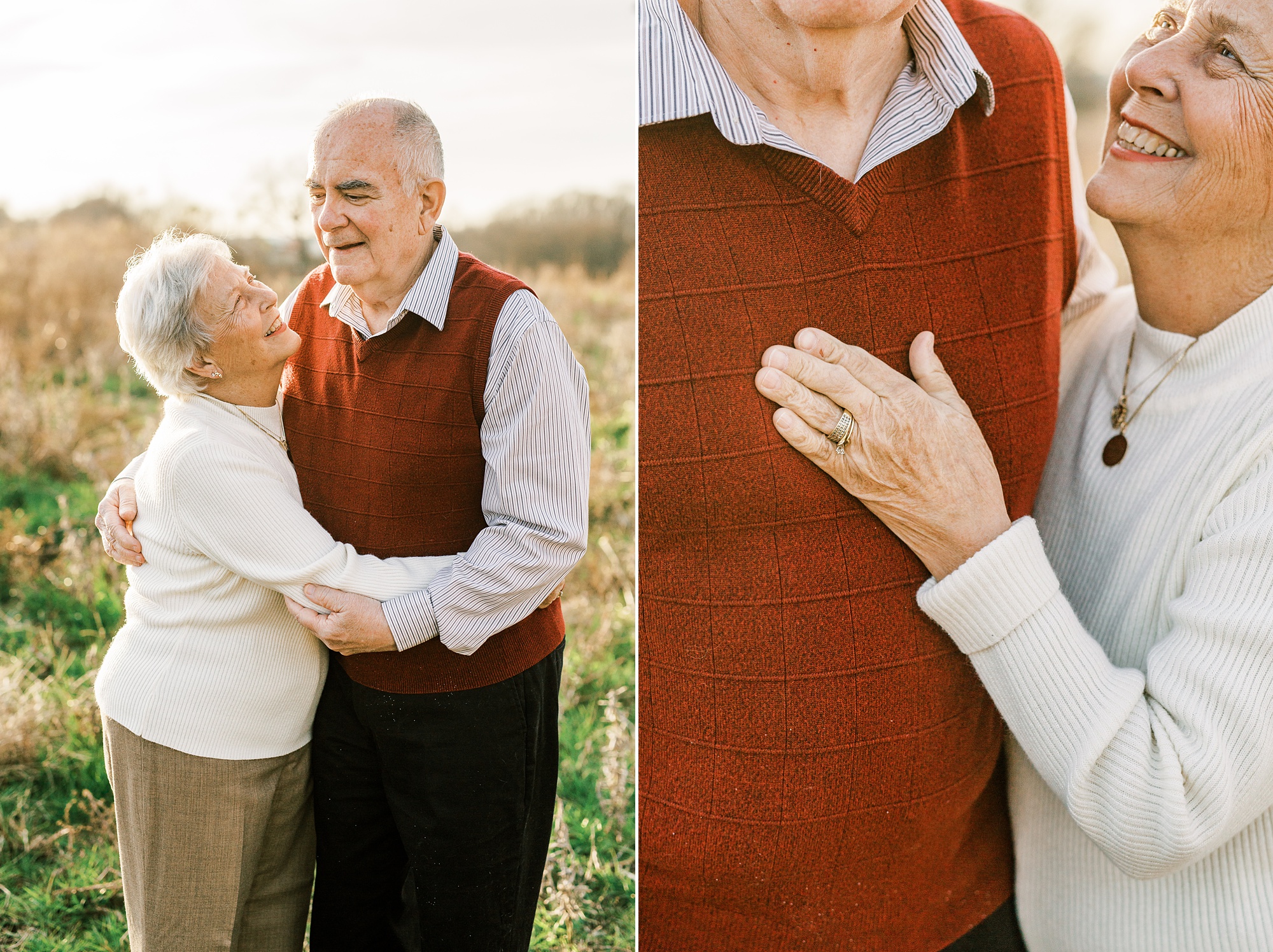wife shows off wedding bands during 50th anniversary photos