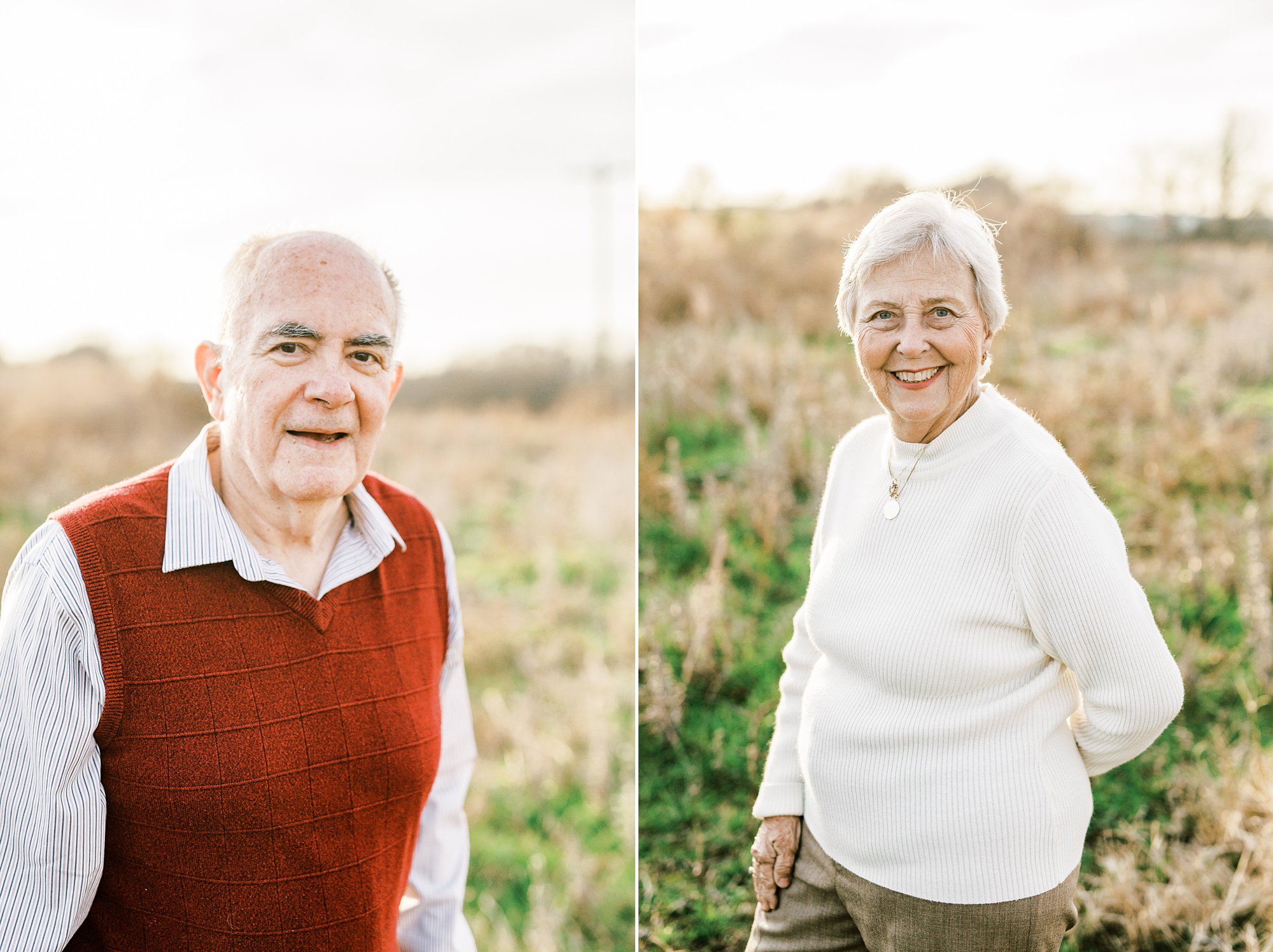 husband and wife pose at sunset along field at family farm