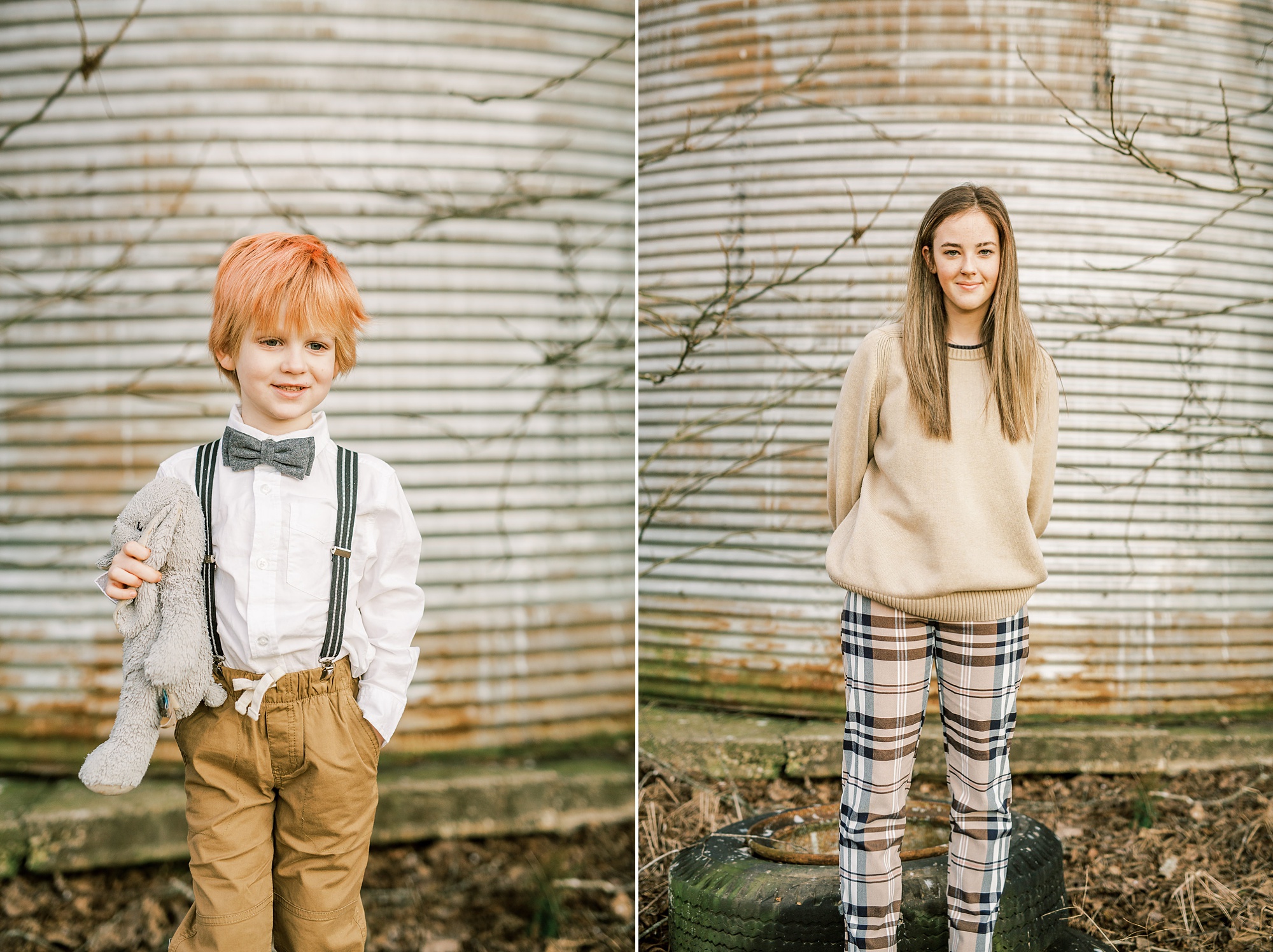 cousins pose by silos on tires during 50th anniversary photos