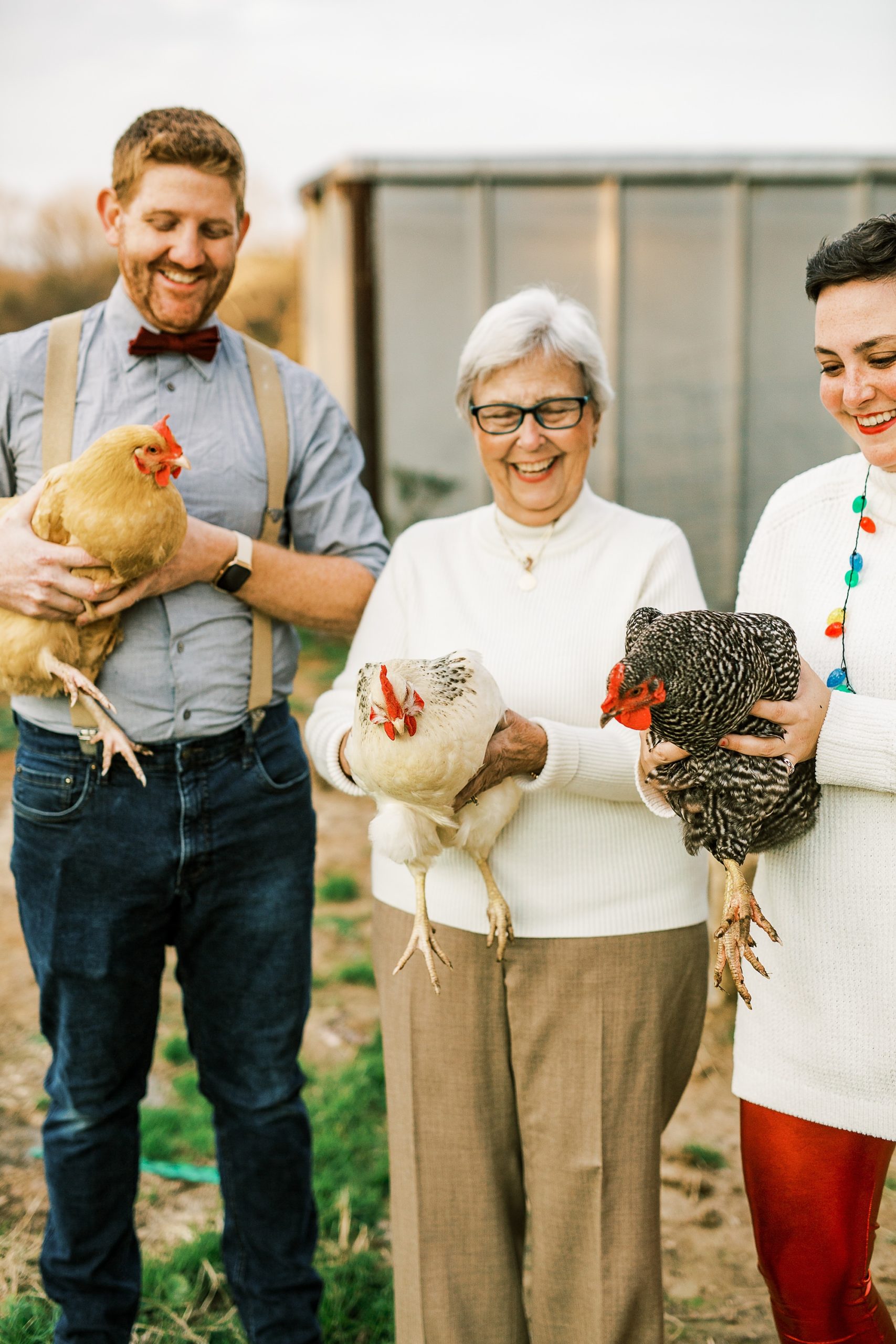 family plays with chickens on farm