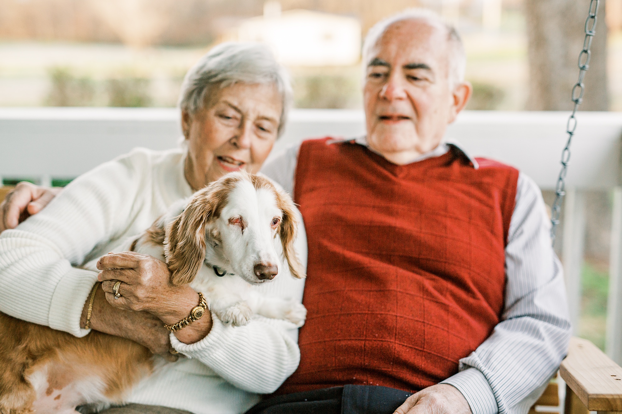 husband and wife sit on swing with old dog