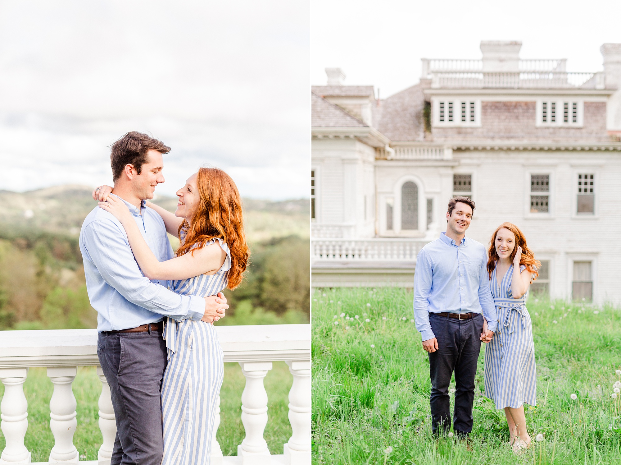 engaged couple poses on the balcony at Moses Cone Manor