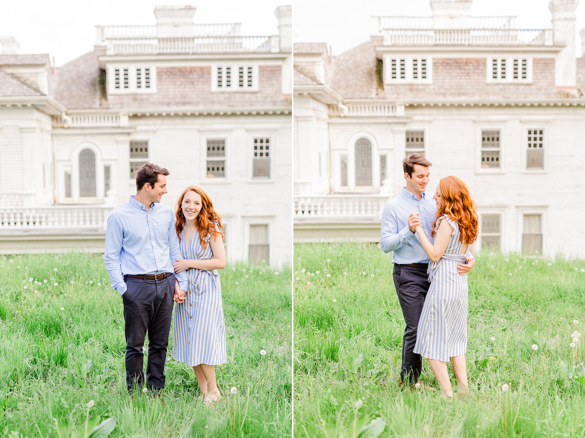 North Carolina couple holds hands in grass at Moses Cone Manor
