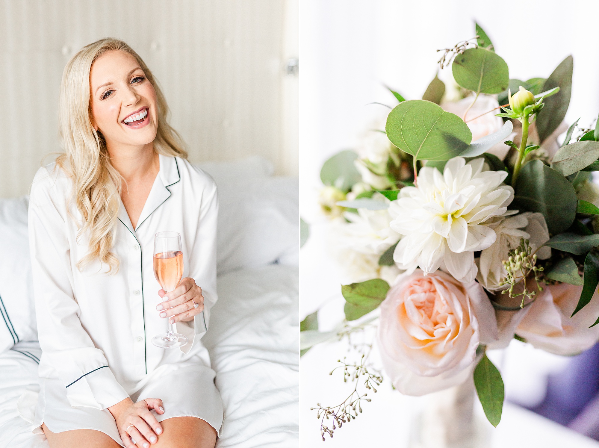 bride laughs in white rob on wedding day
