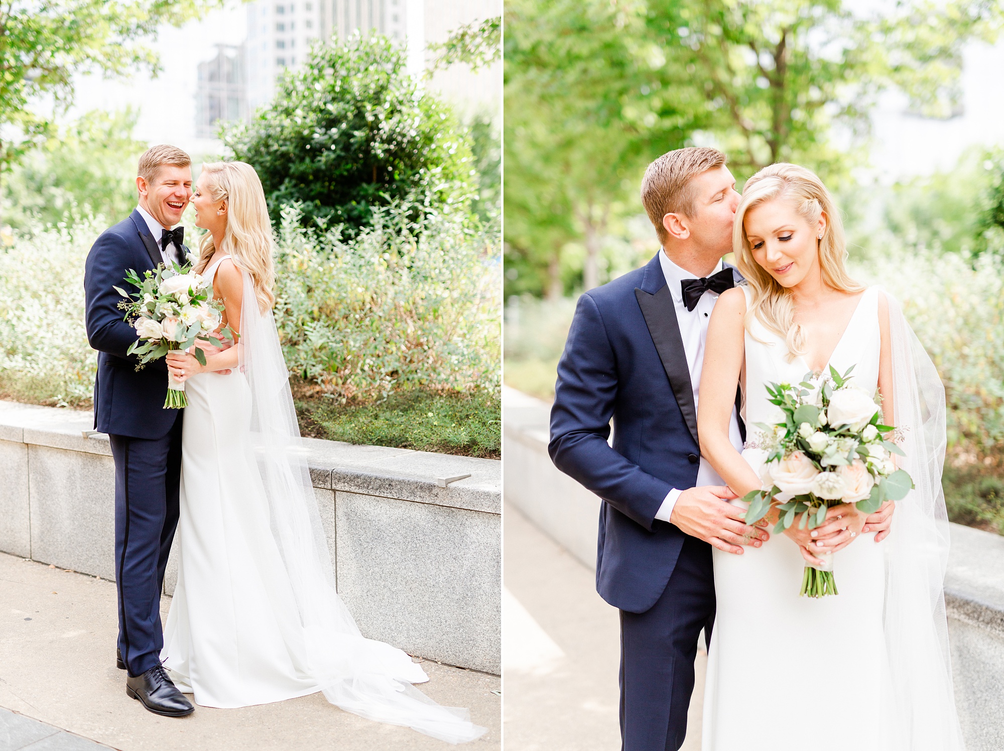groom hugs bride and kisses her forhead