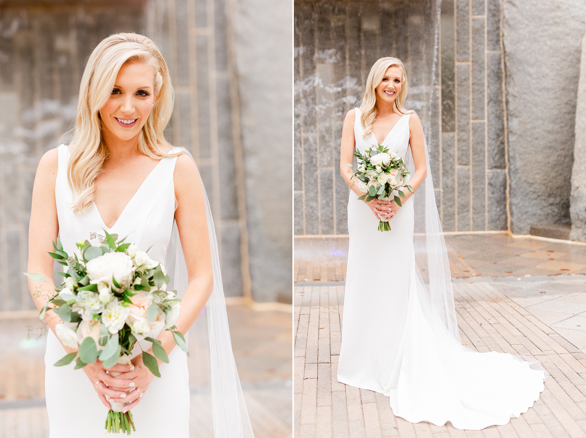 bride poses in front of waterfall at Romare Bearden Park