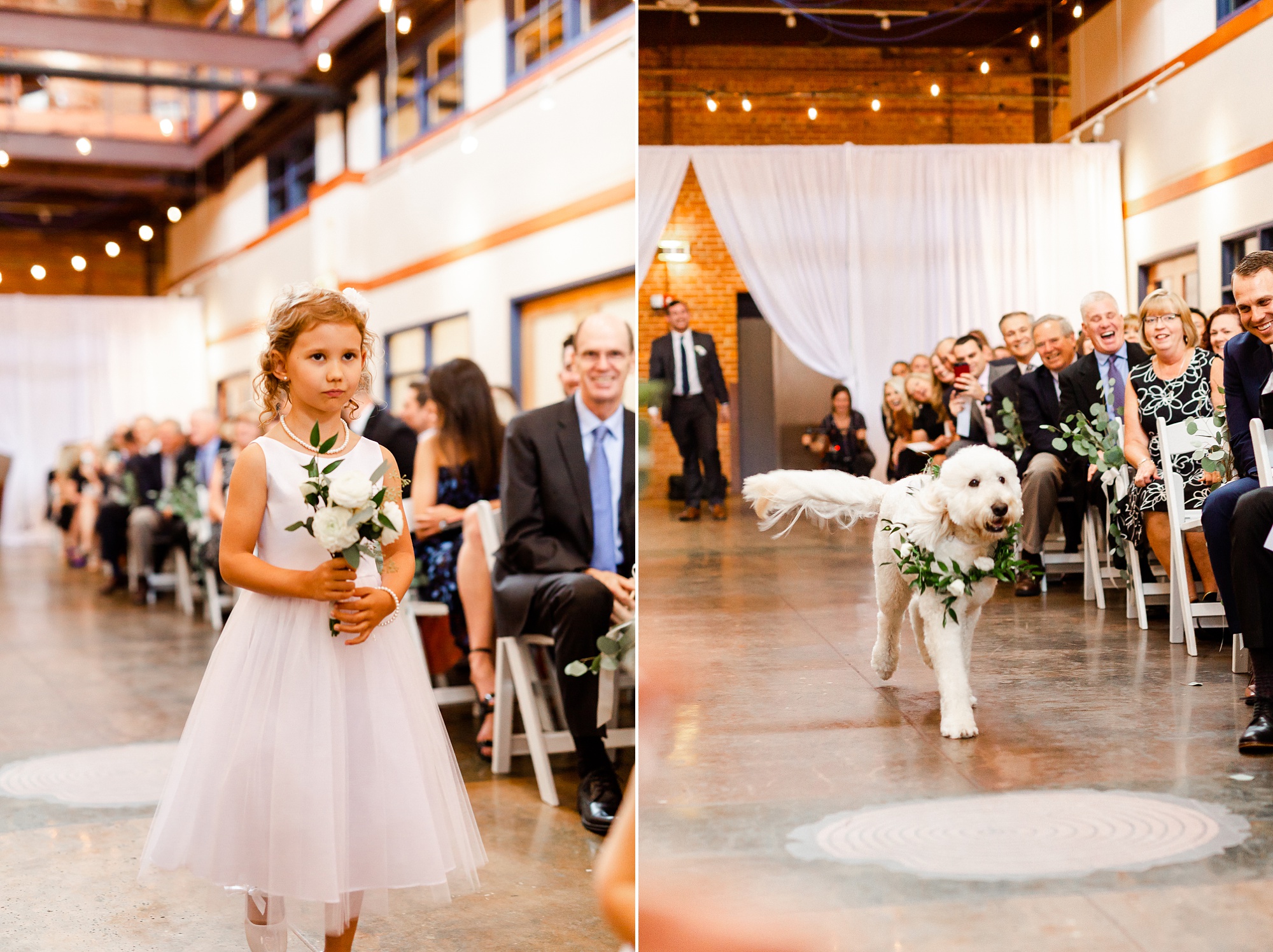 flower girl and dog walk down aisle at Design Center Atrium