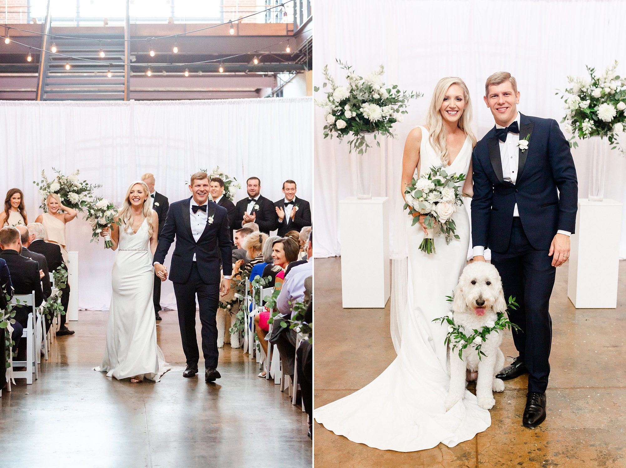 bride and groom walk down aisle with goodendoodle