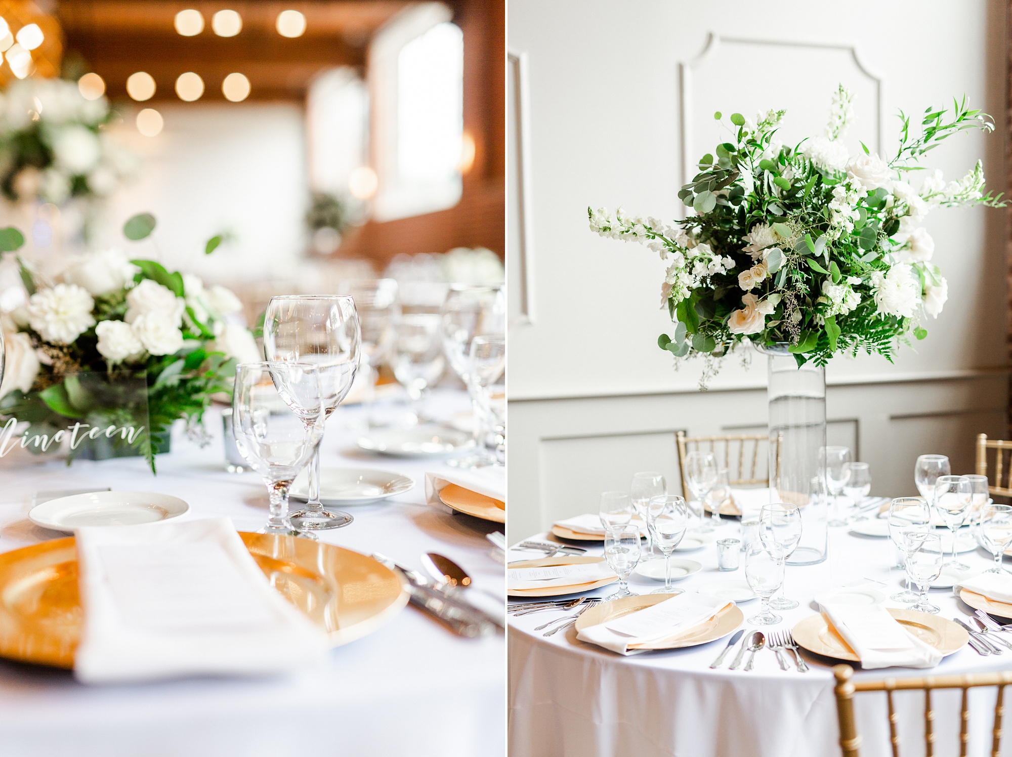 Byron's South End wedding reception centerpieces with gold and green details