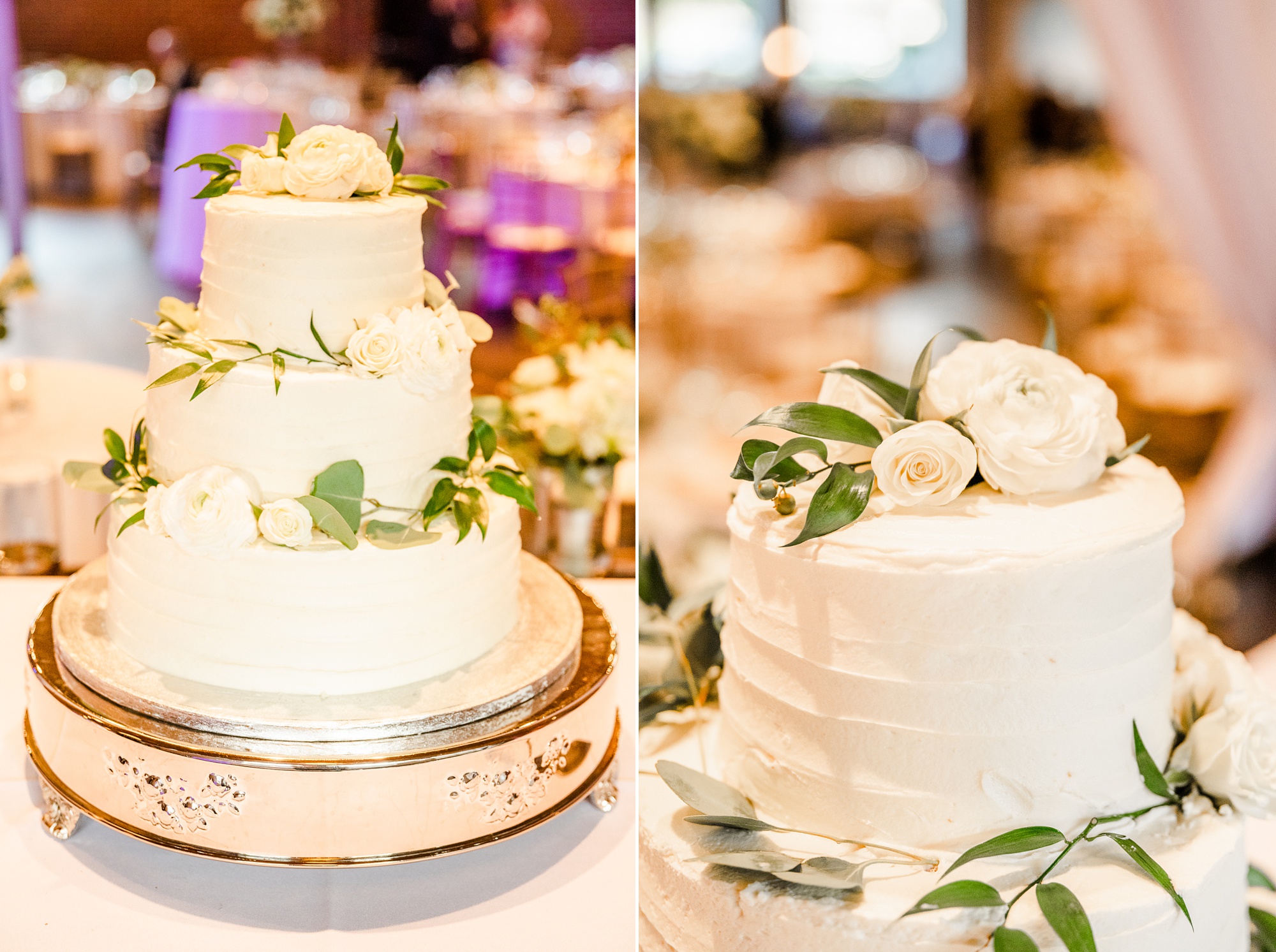 tiered wedding cake with simple white flowers on top