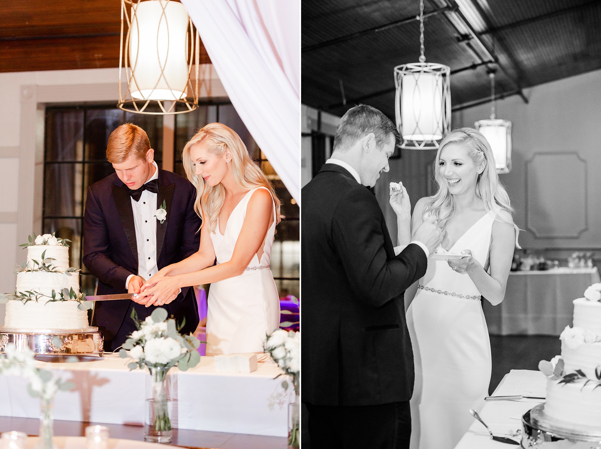 newlyweds cut wedding cake during Charlotte NC wedding reception