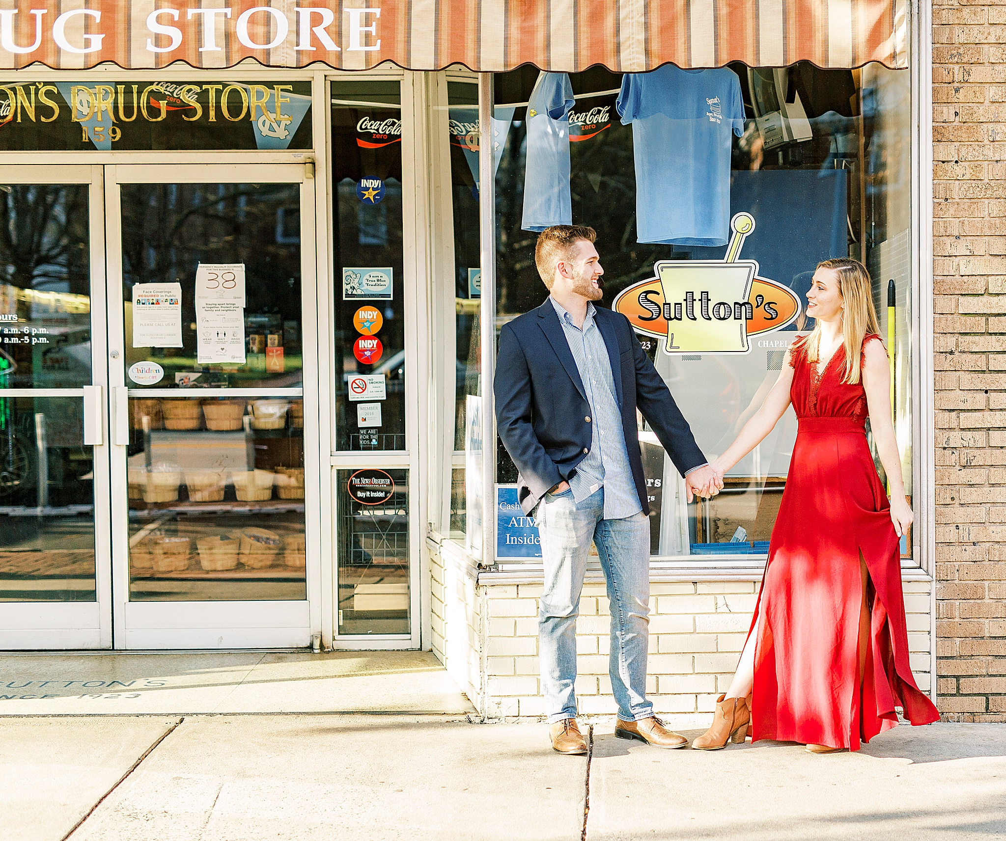 Chapel Hill engagement session in front of Sutton's Drugstore