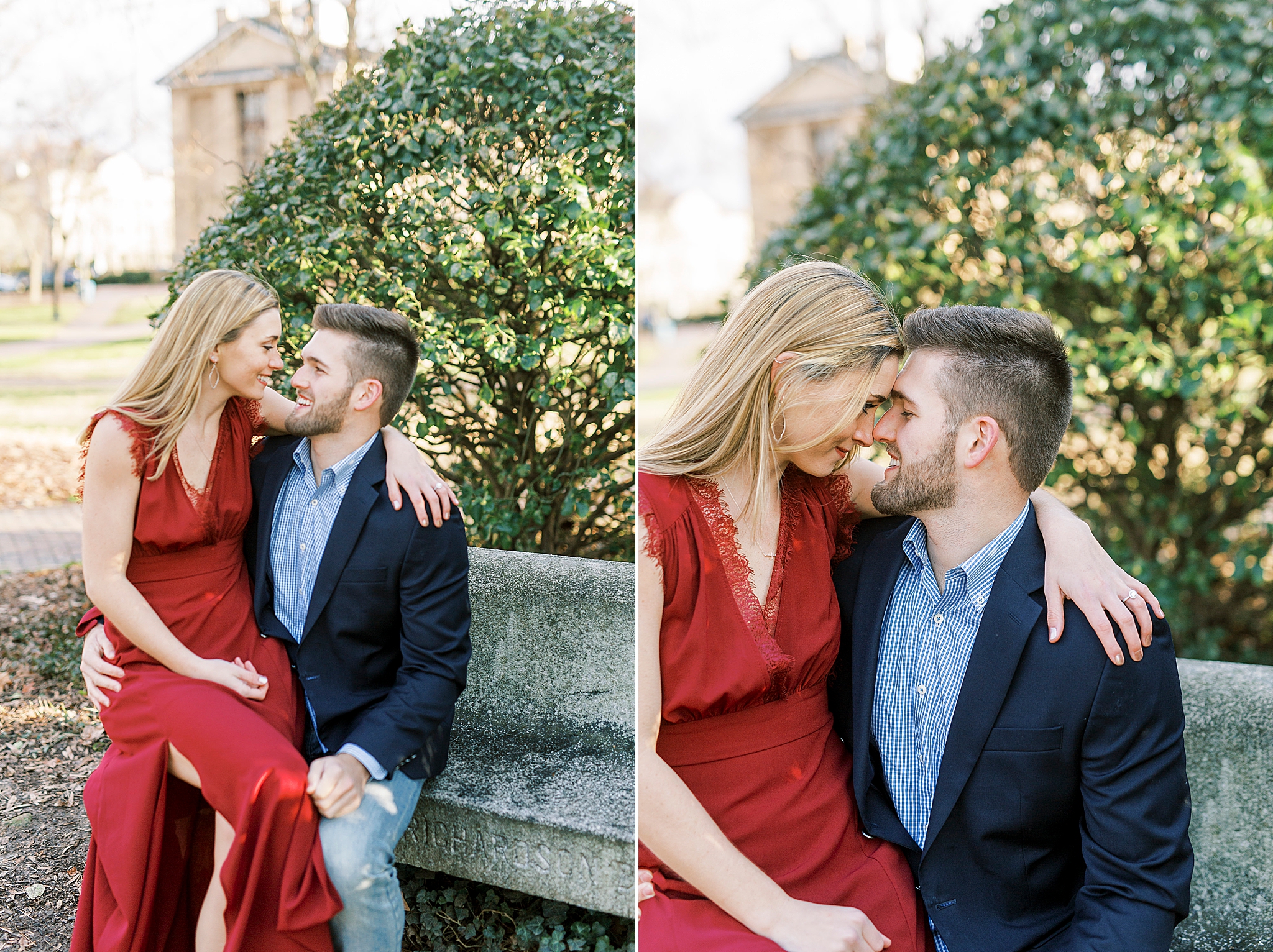 bride sits on groom's lap on bench in Chapel Hill NC