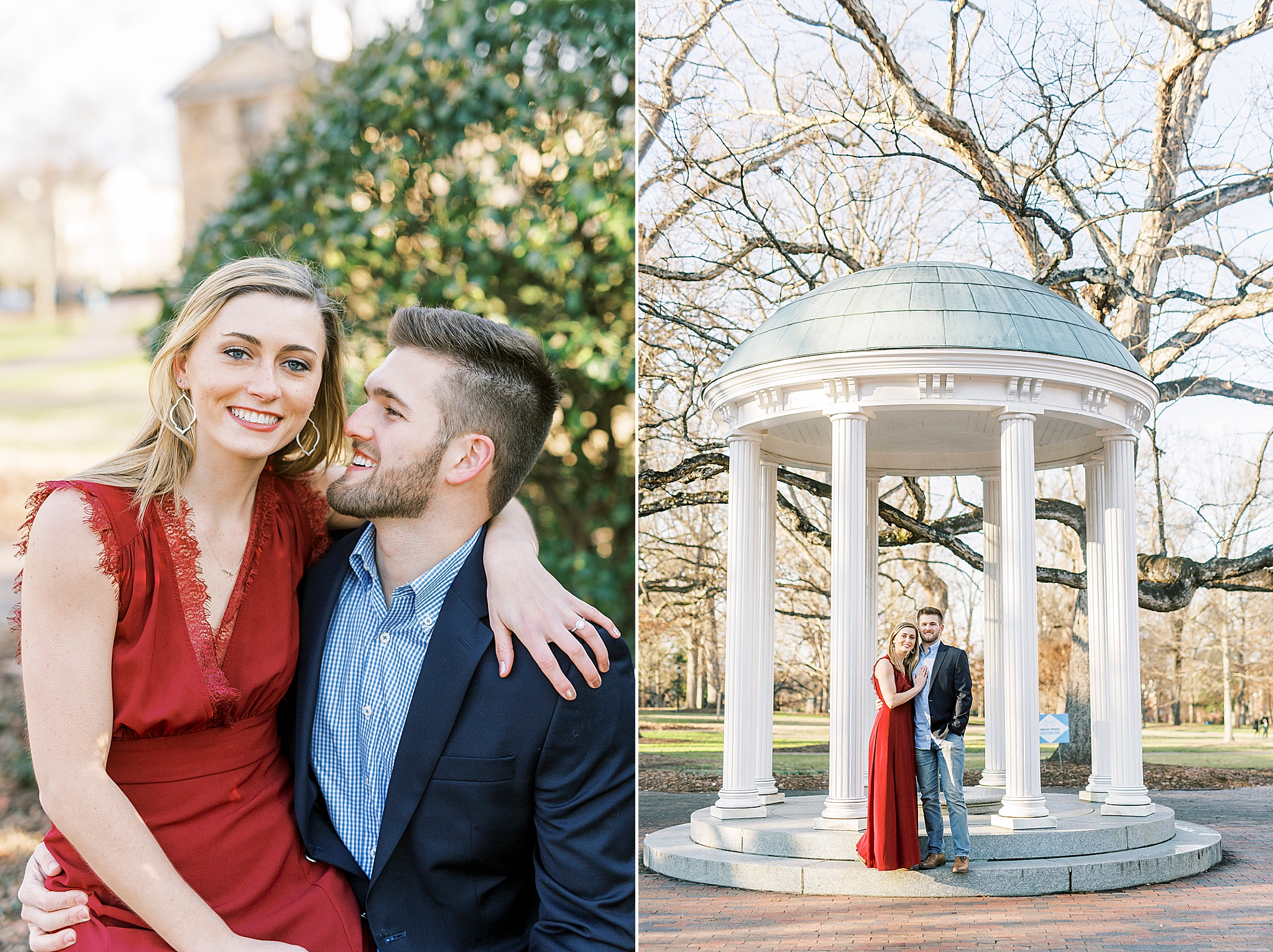 bride and groom pose during Chapel Hill engagement session