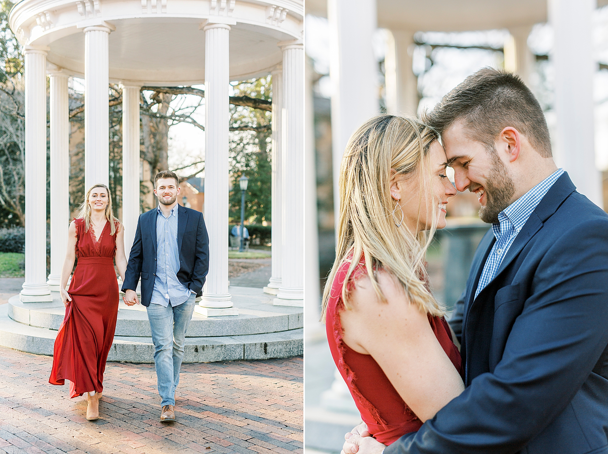 engaged couple walks outside UNC gazebo